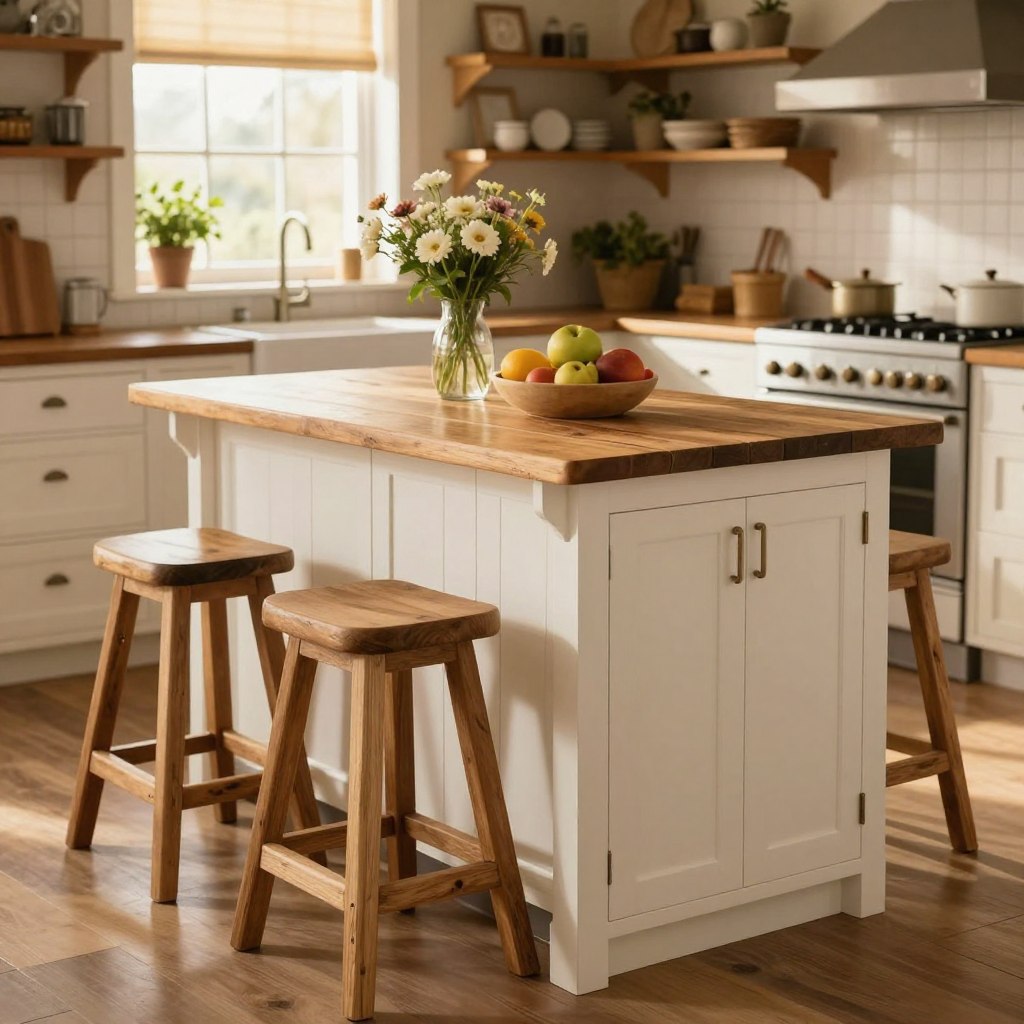 A charming mini farmhouse kitchen island with seating, featuring a weathered wood surface and white shaker-style cabinets. The foreground showcases comfortable, rustic bar stools in natural wood tones, invitingly arranged around the island. In the middle, the island is adorned with subtle decorative elements, such as a vase of fresh flowers and a bowl of seasonal fruits, enhancing the cozy atmosphere. The background reveals a warm, softly lit kitchen with farmhouse-style decor, including open shelving and herb pots on the windowsill, bathed in golden morning light. The scene is captured from a slightly elevated angle to give a comprehensive view of the island's functionality and design, evoking a peaceful, homely vibe perfect for family gatherings. A charming mini farmhouse kitchen island with seating, featuring a weathered wood surface and white shaker-style cabinets. The foreground showcases comfortable, rustic bar stools in natural wood tones, invitingly arranged around the island. In the middle, the island is adorned with subtle decorative elements, such as a vase of fresh flowers and a bowl of seasonal fruits, enhancing the cozy atmosphere. The background reveals a warm, softly lit kitchen with farmhouse-style decor, including open shelving and herb pots on the windowsill, bathed in golden morning light. The scene is captured from a slightly elevated angle to give a comprehensive view of the island's functionality and design, evoking a peaceful, homely vibe perfect for family gatherings.