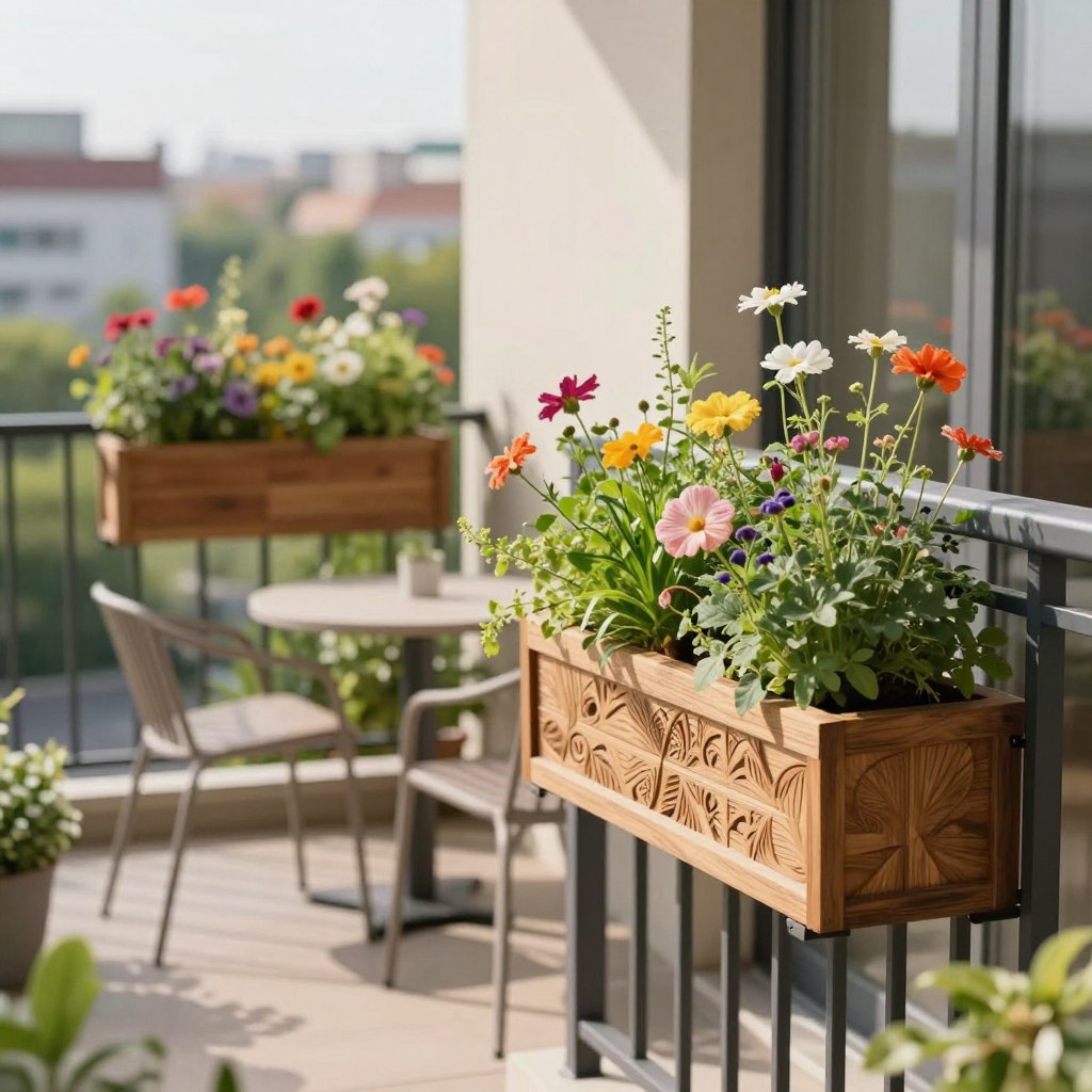 A charming small balcony featuring elegant vertical planters overflowing with vibrant greenery and colorful flowers. In the foreground, intricately designed wooden planters mounted against a sleek, modern railing, showcasing a variety of herbs and delightful blooms. The middle section presents minimalistic furniture, such as a compact table and stylish chairs, inviting relaxation amidst the floral backdrop. In the background, a soft, sunlit cityscape is visible, adding depth and context. The lighting is bright yet warm, casting gentle shadows that enhance the lushness of the plants. The atmosphere is serene and refreshing, ideal for a tranquil urban retreat. The image is captured from a slightly elevated angle, providing a comprehensive view that highlights both the vertical planters and the overall minimalist decor.