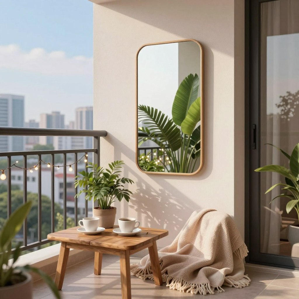 A chic balcony setting showcasing elegant decor tips with strategically placed mirrors to create an illusion of expanded space. In the foreground, a small wooden table adorned with coffee cups, a potted plant, and an inviting throw blanket. The middle ground features a stylish mirror mounted on a wall, reflecting vibrant greenery and warm sunlight, enhancing the sense of openness. Delicate fairy lights are draped around the railing, softly illuminating the space, creating a cozy ambiance. The background reveals city skyline views under a bright blue sky, emphasizing a sense of elevated relaxation. The color palette includes soft pastels and natural tones, conveying a serene and inviting atmosphere, ideal for transforming a small balcony into a charming retreat.