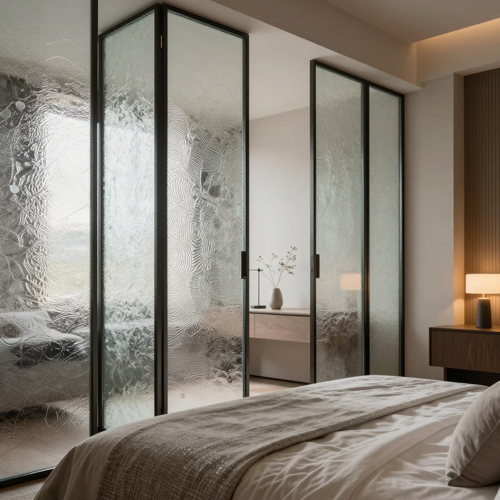 A chic bedroom interior featuring textured and patterned glass elements, showcasing elegant glass partitions and stylish window designs. In the foreground, a sleek modern bed dressed in soft, neutral-toned linens complements shimmering glass details. The middle ground highlights delicately textured glass panels that provide privacy while allowing soft, diffused natural light to fill the room. In the background, minimalist decor with warm wooden accents creates a serene atmosphere. Soft, ambient lighting enhances the inviting feel, casting gentle reflections on the glass surfaces. The perspective is slightly angled to capture the interplay between glass textures and the cozy furnishings. The mood is tranquil and sophisticated, emphasizing stylish privacy solutions in a contemporary bedroom setting. A chic bedroom interior featuring textured and patterned glass elements, showcasing elegant glass partitions and stylish window designs. In the foreground, a sleek modern bed dressed in soft, neutral-toned linens complements shimmering glass details. The middle ground highlights delicately textured glass panels that provide privacy while allowing soft, diffused natural light to fill the room. In the background, minimalist decor with warm wooden accents creates a serene atmosphere. Soft, ambient lighting enhances the inviting feel, casting gentle reflections on the glass surfaces. The perspective is slightly angled to capture the interplay between glass textures and the cozy furnishings. The mood is tranquil and sophisticated, emphasizing stylish privacy solutions in a contemporary bedroom setting.