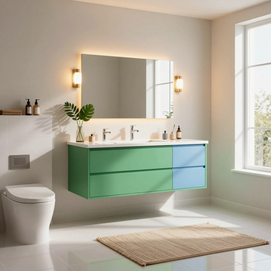 A chic modern bathroom showcasing the latest color trends and lighting. In the foreground, glossy white tiles reflect a serene atmosphere. The middle section features a stylish vanity with vibrant green and soft blue accents. The lighting is soft and warm, emanating from elegantly designed fixtures above the mirror, creating a cozy ambiance. A textured, earthy rug adds a touch of warmth underfoot. The background presents minimalistic decor with a fresh plant adding a pop of color, while large windows allow natural light to filter in, enhancing the room's spacious feel. The overall mood is tranquil and inviting, ideal for relaxation and rejuvenation, framed by a subtle play of shadows and light. A chic modern bathroom showcasing the latest color trends and lighting. In the foreground, glossy white tiles reflect a serene atmosphere. The middle section features a stylish vanity with vibrant green and soft blue accents. The lighting is soft and warm, emanating from elegantly designed fixtures above the mirror, creating a cozy ambiance. A textured, earthy rug adds a touch of warmth underfoot. The background presents minimalistic decor with a fresh plant adding a pop of color, while large windows allow natural light to filter in, enhancing the room's spacious feel. The overall mood is tranquil and inviting, ideal for relaxation and rejuvenation, framed by a subtle play of shadows and light.