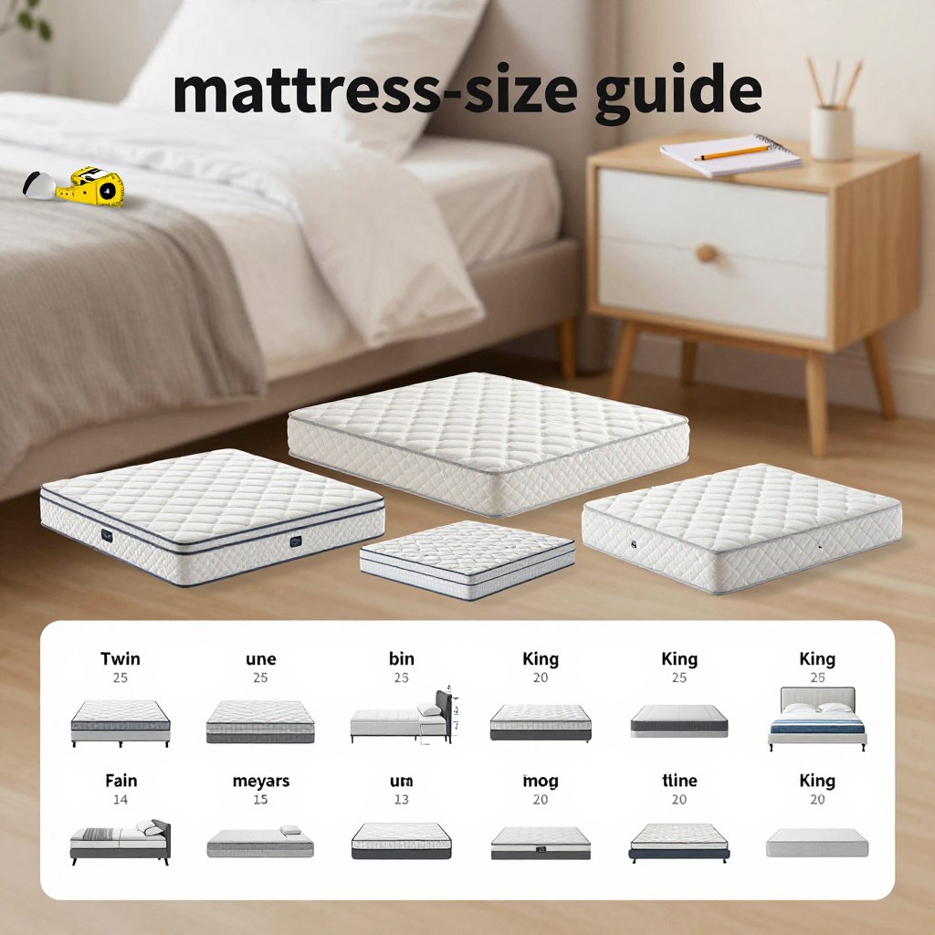 A clean and minimalist "mattress size guide" illustration, showcasing a variety of mattress sizes ranging from twin to king. In the foreground, display a well-organized chart with each mattress size represented by practical icons, emphasizing dimensions and ideal room sizes. In the middle, an array of neatly arranged mattresses of different sizes, highlighting their distinct shapes and dimensions. In the background, a softly lit bedroom scene with measuring tape, a notepad, and a pencil on a stylish bedside table, creating a sense of planning and preparation. Use warm, inviting lighting to convey a sense of comfort and relaxation, making the viewer feel at ease as they consider bedroom dimensions. The scene should feel professional and informative, without any text or watermarks.