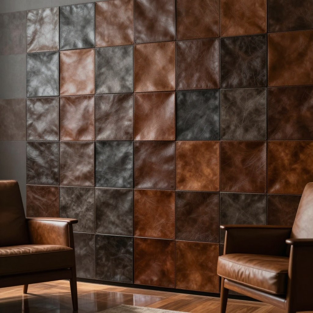 A close-up of a luxurious leather tile grid wall covering, showcasing an elegant arrangement of rich, textured leather squares in various shades of deep brown and charcoal gray. The tiles are arranged in a precise, modular pattern that creates a sleek, modern look. The lighting is soft and warm, casting gentle shadows that emphasize the depth and quality of the leather texture. In the foreground, a stylish mid-century modern armchair can be seen, harmonizing with the wall design, while a subtle reflection in a polished wooden floor adds a touch of sophistication. The atmosphere is inviting and upscale, perfect for a luxurious living room setting, captured from a slightly elevated angle to highlight the wall’s intricate details.