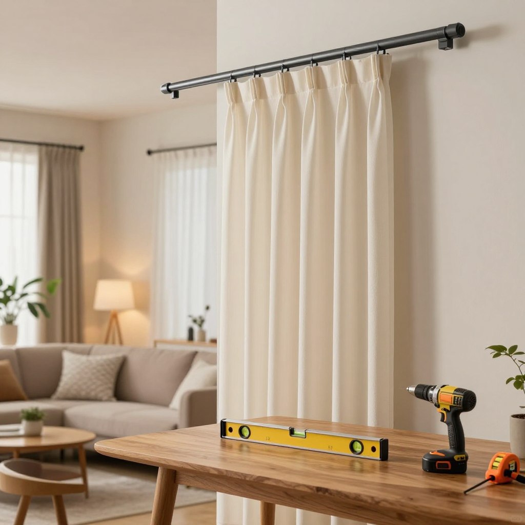 A close-up view of a beautifully designed living room showcasing the installation of durable curtain tracks. In the foreground, focus on a sleek, modern curtain track mounted elegantly on a wall, with soft, flowing curtains draped gracefully. The middle section should depict tools like a level, drill, and measuring tape, placed neatly on a stylish wooden table. The background features a cozy living room atmosphere with tasteful decor, including a plush sofa, potted plants, and soft ambient lighting that creates a warm and inviting ambiance. The overall mood should be practical yet serene, capturing the essence of home improvement and interior design. The lighting is soft and natural, coming from a nearby window, enhancing the inviting feel of the space.