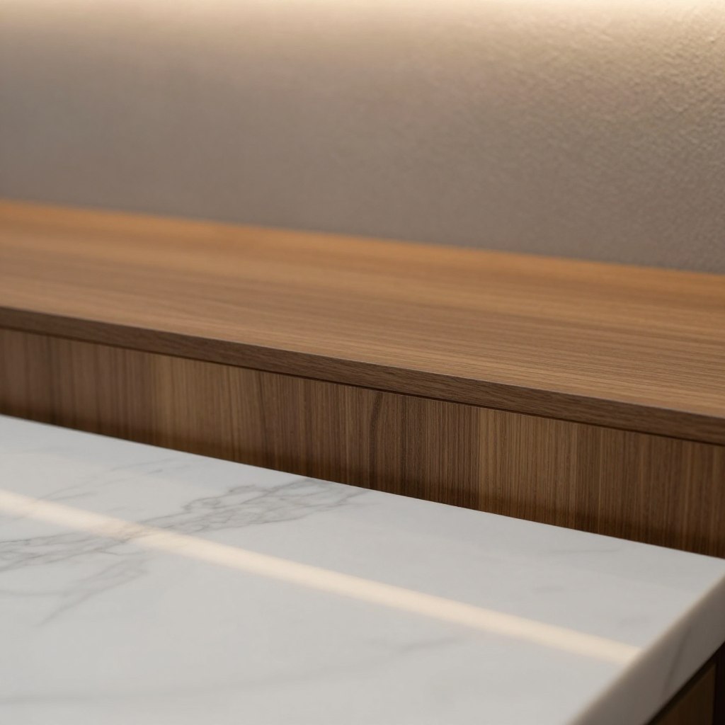 A close-up view of a minimalist luxury materials texture, showcasing a harmonious blend of elegant surfaces. In the foreground, a smooth, polished white marble slab with delicate grey veining reflects soft light. The middle ground features a warm, rich wooden texture with a subtle grain pattern, exuding sophistication. In the background, a muted, textured wall reminiscent of soft stucco, adding depth. The lighting is soft and diffused, emanating a warm glow that accentuates the textures and creates a serene ambiance. Shot with a 50mm lens at a shallow depth of field, focusing on the materials while gently blurring the background, inviting viewers to appreciate the tactile beauty of luxury textures in a minimalist setting. The mood is calm and refined, embodying modern elegance.