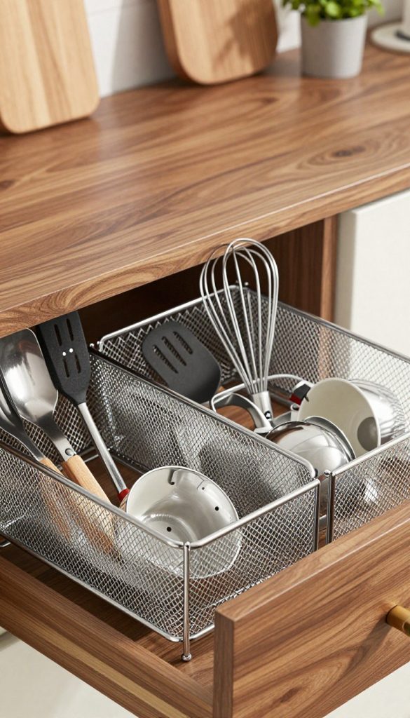 A close-up view of a sleek, modern mesh expandable drawer organizer designed for kitchen gadgets. The organizer features a silver metallic mesh with adjustable inserts to create various compartment sizes, neatly holding cooking utensils like spatulas, whisks, and measuring cups. The foreground showcases the intricacies of the mesh texture, reflecting soft kitchen lighting that accentuates its glossy finish. In the middle ground, the organizer is positioned on a wooden kitchen drawer, hinting at rich walnut tones. The background is softly blurred, depicting subtle kitchen elements like a cutting board and subtle herb pots, creating a warm and inviting atmosphere. The overall mood is organized and functional, perfect for enhancing kitchen efficiency.