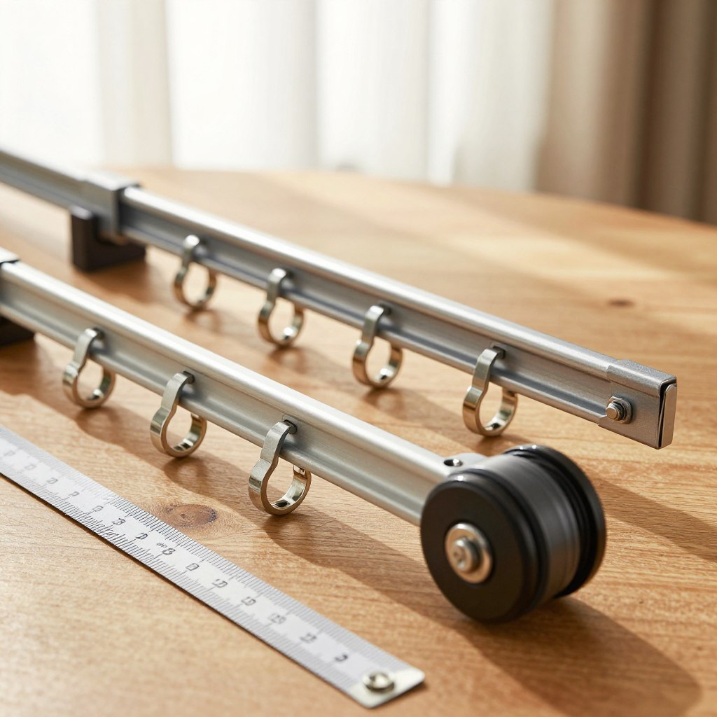 A close-up view of a sturdy curtain track system designed for heavy drapery, showcasing various components like brackets and pulley mechanisms, arranged meticulously on a wooden surface. The foreground features a ruler measuring the track length and a scale indicating weight capacity in kilograms. The middle ground reveals rolling curtain hooks interspersed along the track, highlighting their robust design. In the background, soft sunlight filters through sheer curtains, casting a warm glow, creating a cozy and inviting atmosphere. The image should be well-lit, with a shallow depth of field to emphasize the curtain track details, making it ideal for illustrating weight capacity and load requirements.