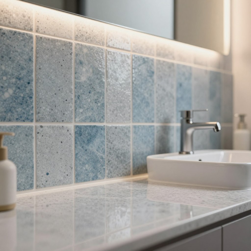A close-up view of a stylish bathroom vanity area featuring a beautiful speckled tile backsplash. The tiles are a blend of soft blues and subtle grays, providing a modern yet calming effect. In the foreground, the polished surface of the vanity reflects the intricate patterns of the speckled tiles, enhancing their detail. The middle area showcases a sleek, contemporary sink with minimalist fixtures, elegantly contrasting against the textured tiles. In the background, soft, warm lighting casts a gentle glow, creating an inviting atmosphere. The angle captures the tile backsplash prominently, highlighting its artistic appeal, while maintaining a clean and minimalist aesthetic throughout the composition.