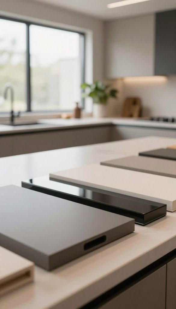 A close-up view of a stylish kitchen design studio showcasing matte and glossy cabinetry samples displayed on a modern, minimalist countertop. The foreground features a selection of sleek cabinet doors, one side matte and the other glossy, highlighting their texture differences. In the middle background, soft natural light streams through large windows, illuminating the samples and creating a warm, inviting atmosphere. The background is tastefully decorated with neutral-colored walls and a hint of greenery from potted plants, emphasizing a contemporary style. Use a shallow depth of field to focus on the cabinetry, with soft bokeh effects fading into the background, conveying an upscale, luxurious vibe suitable for a decision-making process in kitchen design.
