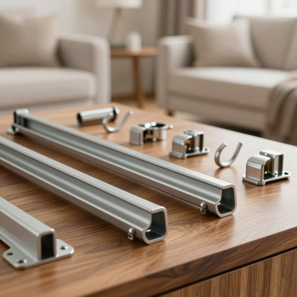 A close-up view of durable and elegant curtain track hardware displayed on a polished wooden surface. The foreground features a variety of robust metal brackets and sleek, modern track systems with intricate detailing, showcasing their durability and aesthetic appeal. In the middle ground, various types of curtain hooks and end caps are arranged artfully, highlighting the craftsmanship involved. The background fades softly into a neutral, blurred living room setting, creating a sense of context without distraction. Soft, natural lighting illuminates the hardware, casting gentle shadows that emphasize textures and finishes. The mood is sophisticated and inviting, perfect for a stylish living room, reflecting the importance of quality hardware in home decor.