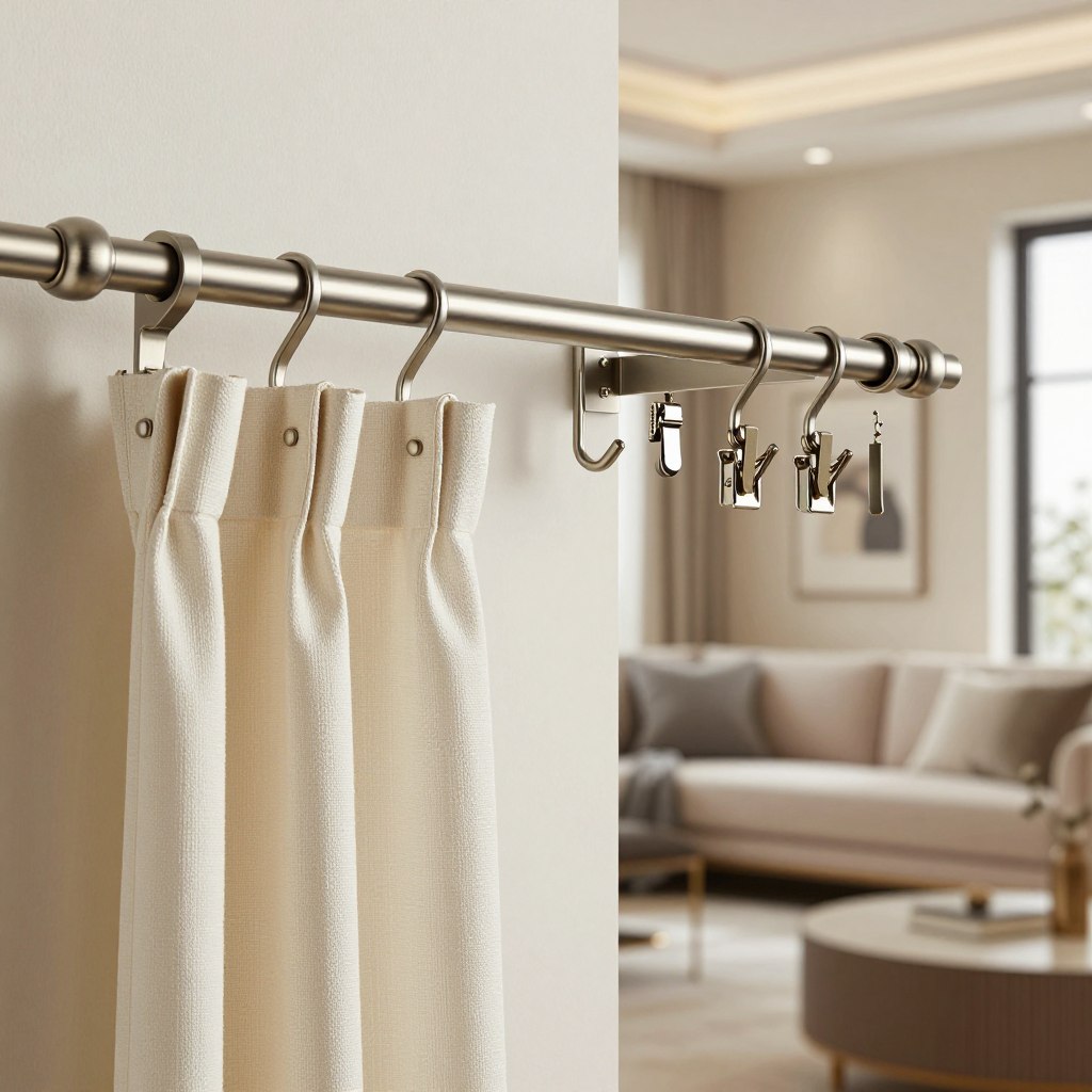 A close-up view of durable window covering hardware showcased on an elegant living room wall. In the foreground, focus on an intricately designed curtain track made from high-quality metal, featuring a sleek, brushed finish, and sturdy end brackets, gracefully supporting flowing fabric curtains. The middle ground should display a variety of hook styles and clips that enhance the functionality and aesthetic appeal of the hardware. The background features a softly lit, modern living room setting with subtle décor elements, like a stylish sofa and tasteful wall art, creating a warm and inviting atmosphere. Use natural lighting to highlight the texture and sheen of the metal, giving the image a polished look. The overall mood should convey a sense of quality and sophistication, emphasizing the importance of choosing durable options for long-term use.