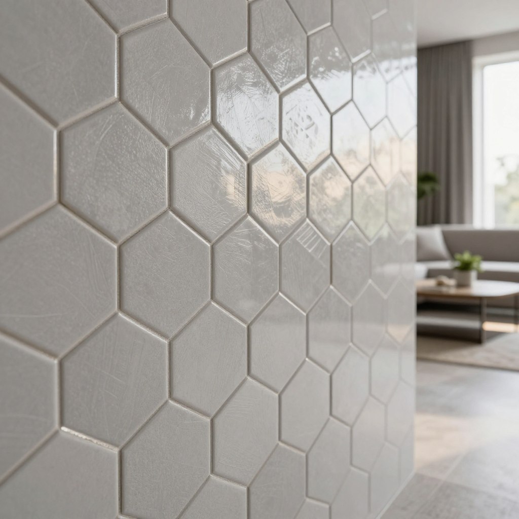 A close-up view of hexagonal 3D textured wall tiles in a contemporary living room setting. The foreground features an array of light gray tiles with subtle geometric patterns, casting delicate shadows that enhance their three-dimensional quality. In the middle, the tiles create a stylish accent wall, reflecting natural light streaming in from a nearby window, which adds warmth to the scene. The background contains minimalist furniture in neutral tones, such as a sleek sofa and a coffee table adorned with a small plant. The overall mood is modern and inviting, showcasing the depth and visual interest created by the hexagonal tile arrangements. Soft, diffused lighting highlights the textures, and the image is captured from a slightly angled perspective for added dimension.