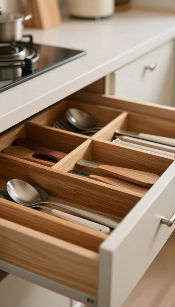 A close-up view of modular interlocking drawer dividers, displayed in a beautifully organized kitchen drawer. In the foreground, vibrant wooden dividers showcase various configurations, neatly fitting together to create custom layouts for utensils, cutlery, and kitchen tools. The middle section reveals additional dividers, arranged harmoniously, emphasizing their versatility and functionality. The background features a softly lit kitchen environment with modern countertops and cabinetry, bathed in warm, natural light. The shallow depth of field focuses on the dividers, creating a smooth blur of the background, enhancing the clarity of the dividers’ details. The overall mood is one of organization, efficiency, and a touch of elegance, inviting viewers to imagine a more functional kitchen space.