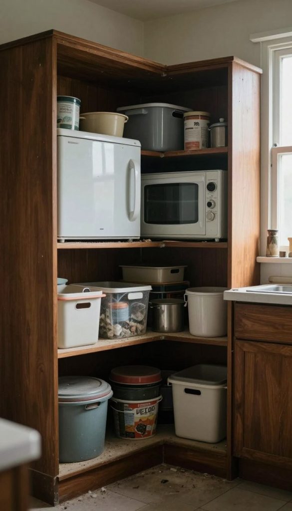 A cluttered corner kitchen cabinet showcasing the dead space storage problem, featuring deep shelves filled with rarely used items like large appliances and storage containers that are hard to access. The cabinet is made of dark wood, with a polished finish, highlighting its boxy structure. In the foreground, a close-up view reveals dust collecting on forgotten items. The middle layer shows the awkward angles of the cabinet, emphasizing the difficulty of reaching the back areas. In the background, bright, natural light streams in from a nearby window, casting soft shadows that enhance the mood of neglect and wasted potential. The overall atmosphere evokes a sense of frustration with inefficient kitchen design.