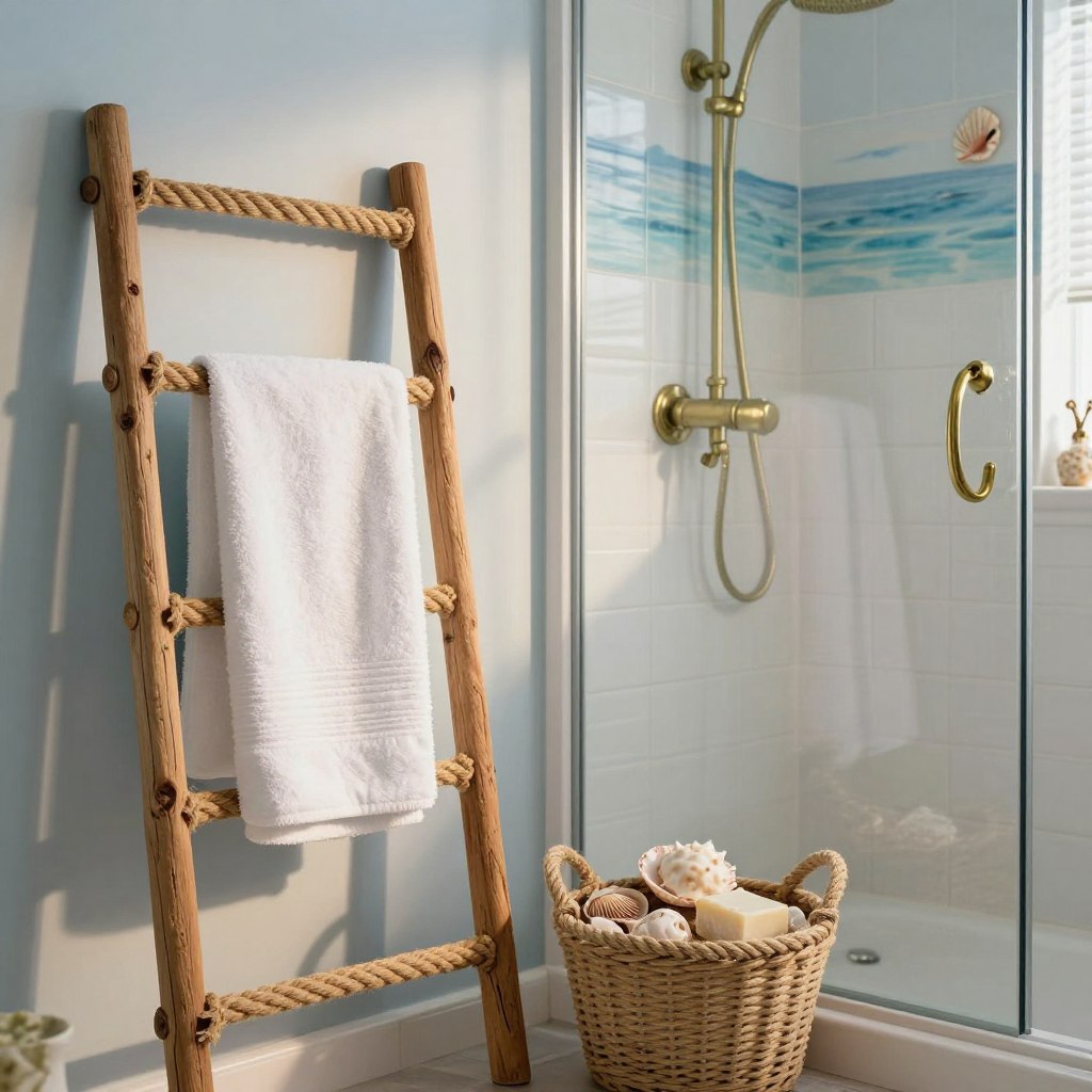 A coastal bathroom setting featuring an array of nautical rope and hardware accessories. In the foreground, a rustic wooden towel rack adorned with twisted nautical rope, displaying elegantly hung white towels. A vintage brass shower hook and a sturdy rope-handled storage basket filled with seashells and soaps are placed nearby. In the middle ground, a stylishly tiled shower with a glass door reflects soft natural light. Seashell-themed decorative pieces are subtly integrated into the scene. In the background, the soft blue hues of ocean-inspired wall decor enrich the atmosphere. The lighting is warm and inviting, mimicking late afternoon sun, casting gentle shadows that enhance the cozy, beachy ambiance. Create an atmosphere of relaxation and coastal charm.