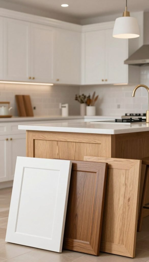 A collection of modern white oak kitchen cabinet finish options displayed elegantly in a well-lit kitchen setting. In the foreground, various cabinet doors are shown with different finishes: smooth matte, glossy lacquer, and a rich natural varnish. The middle of the image features a stylish kitchen island, showcasing the warmth of the oak with contemporary handles and sleek design elements. The background consists of soft-focus elements like subtle backsplash tiles and soft lighting from overhead fixtures, creating a luxurious ambiance. The overall mood is sophisticated and inviting, evoking a sense of warmth and modern elegance, with natural light flooding the space to enhance the oak's grain and texture. Highlight the variety of finishes while maintaining a cohesive and polished look.