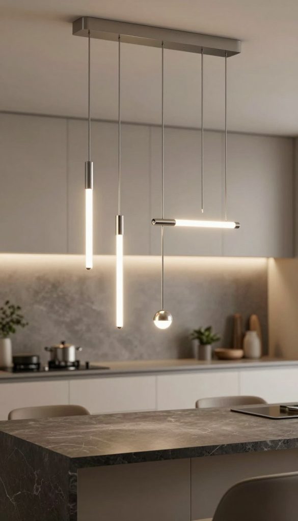 A collection of sleek contemporary pendant lights designed for a minimalist kitchen island, featuring clean lines and a polished metallic finish. Foreground: the pendants, elegantly hanging at varied heights, showcase unique geometric shapes like elongated cylinders and subtle curves. Middle: a stylish kitchen island with a smooth, dark stone countertop and minimalistic cabinetry in soft neutral tones. Background: a tastefully arranged kitchen with soft-focus accents, including a muted backsplash, plants, and minimalist design elements. The scene is illuminated by soft, warm overhead lighting that enhances the pendants, creating an inviting and luxurious atmosphere. The image captures a modern yet timeless aesthetic, perfect for a sophisticated kitchen space.
