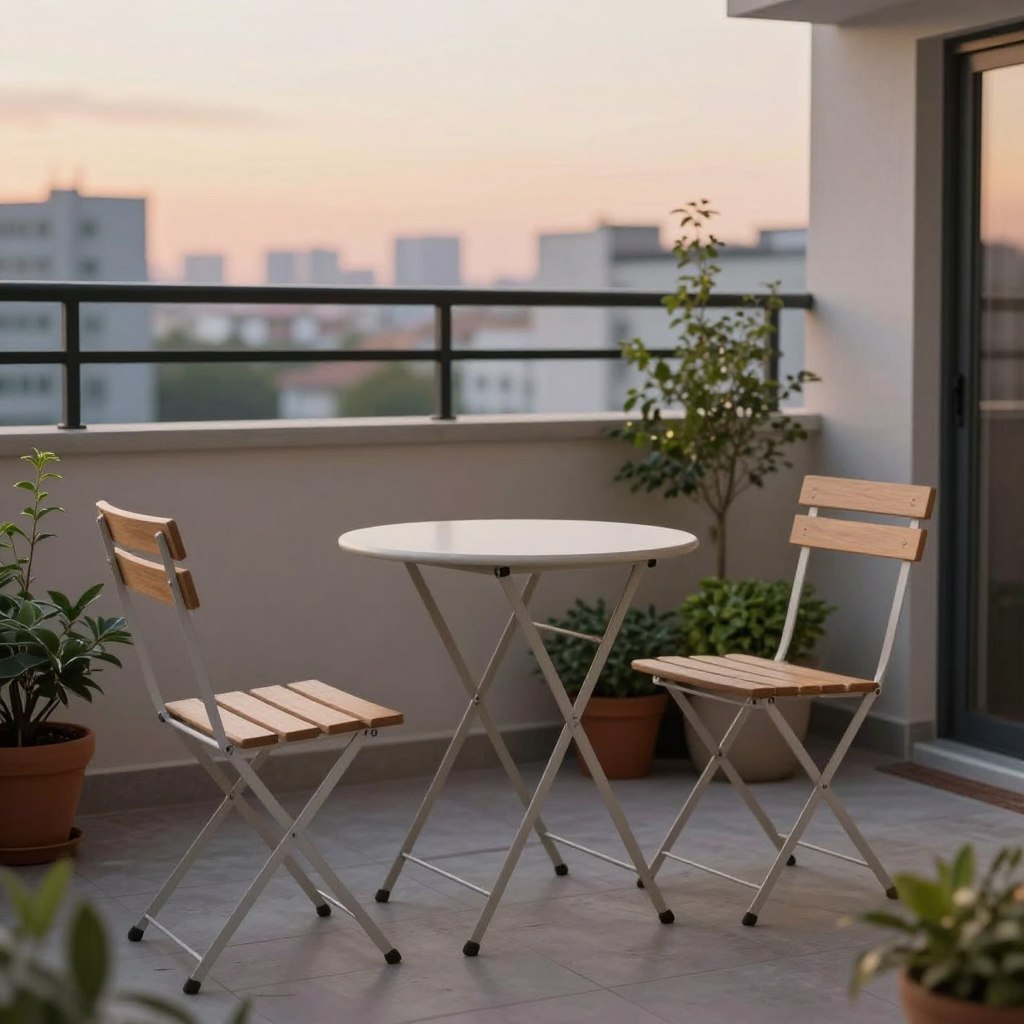 A compact balcony scene showcasing minimalist outdoor furniture designed for small spaces. In the foreground, display a sleek, foldable table paired with two lightweight chairs made from natural wood and metal, emphasizing simplicity and functionality. The middle ground features an arrangement of potted plants with greenery, adding a touch of nature and color. In the background, depict a city skyline under a soft pastel sunset, with warm golden hour lighting casting gentle shadows. Use a shallow depth of field to focus on the furniture while the background blurs slightly, creating a cozy atmosphere. The overall mood should convey tranquility and modern elegance, inviting users to imagine relaxation in a compact outdoor setting.