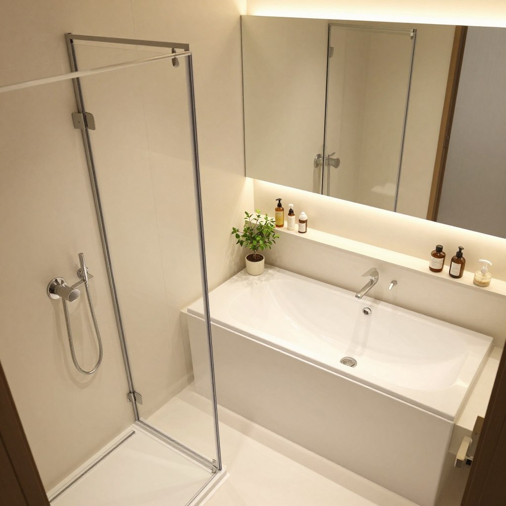 A compact bathroom layout showcasing a space-saving shower-tub combo, featuring sleek, modern fixtures. In the foreground, the mixed-use shower-tub is elegantly designed with a clear glass shower door and a stylish faucet. Soft, ambient lighting illuminates the space, creating a warm and inviting atmosphere. The middle section includes minimalistic shelving housing neatly arranged toiletries, complemented by a small potted plant for a touch of greenery. The background reveals light-colored tile walls and a large mirror that reflects the overall brightness, enhancing the sense of space. The angle is slightly elevated to capture the full layout, emphasizing the functionality and aesthetic of a small bathroom. A compact bathroom layout showcasing a space-saving shower-tub combo, featuring sleek, modern fixtures. In the foreground, the mixed-use shower-tub is elegantly designed with a clear glass shower door and a stylish faucet. Soft, ambient lighting illuminates the space, creating a warm and inviting atmosphere. The middle section includes minimalistic shelving housing neatly arranged toiletries, complemented by a small potted plant for a touch of greenery. The background reveals light-colored tile walls and a large mirror that reflects the overall brightness, enhancing the sense of space. The angle is slightly elevated to capture the full layout, emphasizing the functionality and aesthetic of a small bathroom.