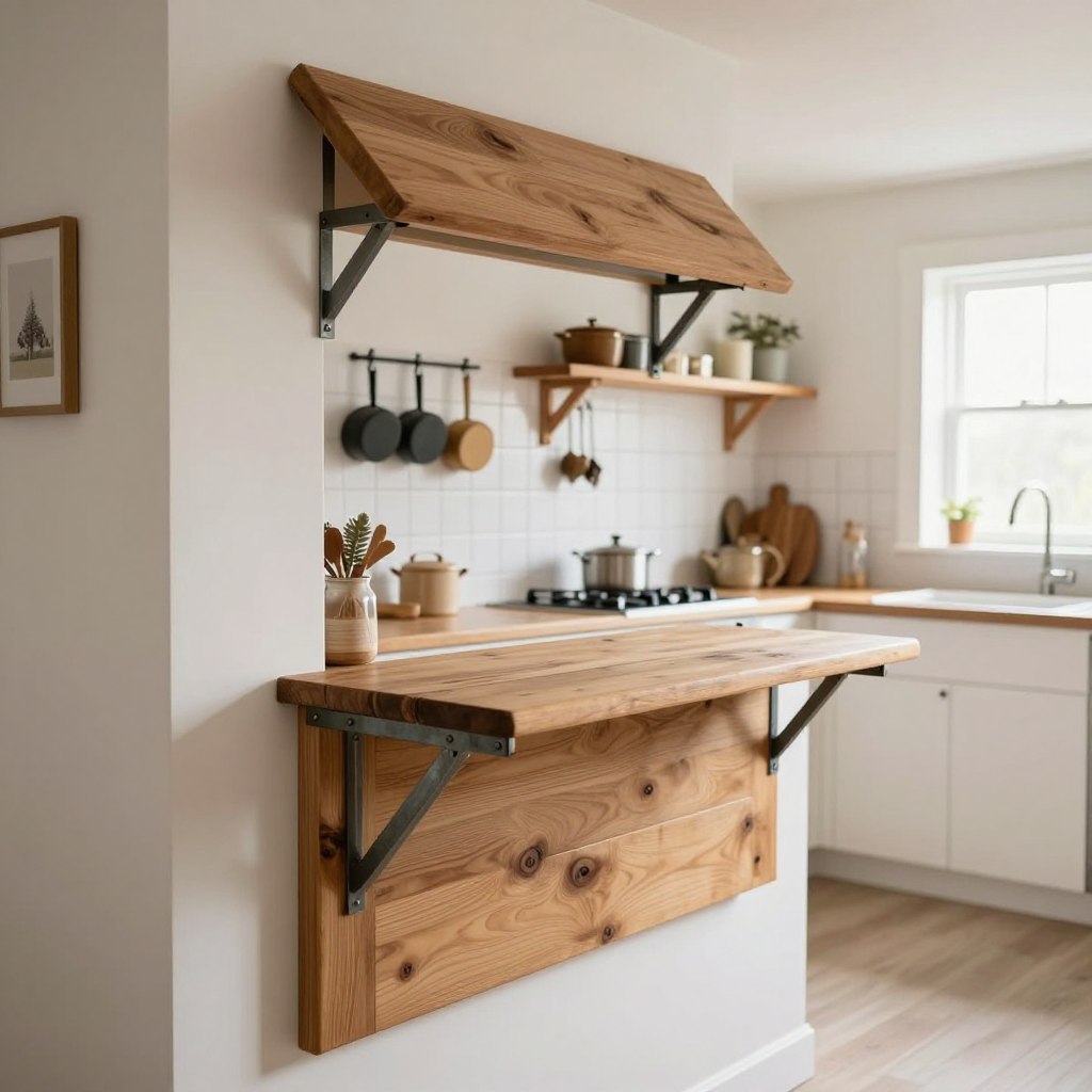 A compact farmhouse kitchen featuring a wall-mounted, fold-down kitchen island seamlessly integrated into a cozy space. In the foreground, the stylish island is shown folded up against the wall, displaying rustic wooden finishes, with metal brackets and a clean, minimalist design. The middle of the image reveals the kitchen, adorned with open shelves, hanging pots, and farmhouse-style decor, emphasizing a warm and inviting atmosphere. The background features soft natural lighting coming through a window, illuminating white cabinetry and a tiled backsplash, creating a bright and airy feel. The angle is slightly tilted up, capturing the functional beauty of small space solutions while maintaining a serene, organized setting, perfect for culinary creativity. A compact farmhouse kitchen featuring a wall-mounted, fold-down kitchen island seamlessly integrated into a cozy space. In the foreground, the stylish island is shown folded up against the wall, displaying rustic wooden finishes, with metal brackets and a clean, minimalist design. The middle of the image reveals the kitchen, adorned with open shelves, hanging pots, and farmhouse-style decor, emphasizing a warm and inviting atmosphere. The background features soft natural lighting coming through a window, illuminating white cabinetry and a tiled backsplash, creating a bright and airy feel. The angle is slightly tilted up, capturing the functional beauty of small space solutions while maintaining a serene, organized setting, perfect for culinary creativity.