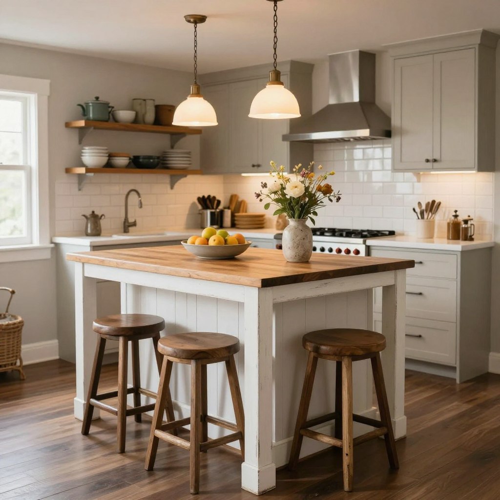 A compact farmhouse kitchen island designed for a narrow galley-style kitchen, featuring a distressed white wooden frame and a natural wood countertop, accented with vintage-style bar stools. In the foreground, the island is adorned with a simple fruit bowl and a rustic vase with wildflowers. The middle ground shows a sleek backsplash with subway tiles and hanging pendant lights casting a warm glow, creating an inviting atmosphere. In the background, light cabinetry and open shelves display neatly organized kitchenware, emphasizing a functional yet cozy space. The scene is illuminated with soft, natural light coming from a nearby window, enhancing the charm of the farmhouse aesthetic. Capture this interior from a slightly elevated angle to showcase the layout and flow of the kitchen. A compact farmhouse kitchen island designed for a narrow galley-style kitchen, featuring a distressed white wooden frame and a natural wood countertop, accented with vintage-style bar stools. In the foreground, the island is adorned with a simple fruit bowl and a rustic vase with wildflowers. The middle ground shows a sleek backsplash with subway tiles and hanging pendant lights casting a warm glow, creating an inviting atmosphere. In the background, light cabinetry and open shelves display neatly organized kitchenware, emphasizing a functional yet cozy space. The scene is illuminated with soft, natural light coming from a nearby window, enhancing the charm of the farmhouse aesthetic. Capture this interior from a slightly elevated angle to showcase the layout and flow of the kitchen.