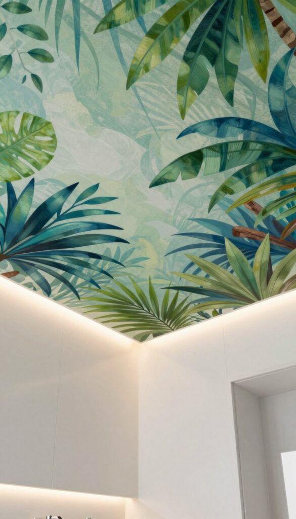 A contemporary bathroom ceiling featuring stunning waterproof murals and artistic custom finishes. In the foreground, intricate, vibrant patterns of tropical foliage and abstract designs flow seamlessly across the ceiling, showcasing a blend of matte and glossy finishes that catch the light. In the middle, subtle recessed lighting highlights the mural, casting a warm glow that enhances the artistic elements. The background consists of sleek, modern bathroom features with minimalist decor, reflecting a clean, inviting atmosphere. The color palette combines fresh greens, deep blues, and soft whites, promoting tranquility and creativity. The angle captures the ceiling from a slight diagonal view, giving depth and dimension to the design, while the overall mood is serene and stylish, ideal for a contemporary space focused on innovative design. A contemporary bathroom ceiling featuring stunning waterproof murals and artistic custom finishes. In the foreground, intricate, vibrant patterns of tropical foliage and abstract designs flow seamlessly across the ceiling, showcasing a blend of matte and glossy finishes that catch the light. In the middle, subtle recessed lighting highlights the mural, casting a warm glow that enhances the artistic elements. The background consists of sleek, modern bathroom features with minimalist decor, reflecting a clean, inviting atmosphere. The color palette combines fresh greens, deep blues, and soft whites, promoting tranquility and creativity. The angle captures the ceiling from a slight diagonal view, giving depth and dimension to the design, while the overall mood is serene and stylish, ideal for a contemporary space focused on innovative design.