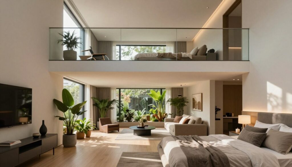 A contemporary bedroom design featuring a glass mezzanine loft that overlooks a spacious living area below. In the foreground, showcase modern furnishings, such as a plush bed with neutral bedding, sleek bedside tables, and stylish decor that enhances the room's openness. The middle layer reveals the glass mezzanine, elegantly suspended with minimalist railings, adorned by soft lighting and a small reading nook. Below, the living space is warm and inviting, filled with lush plants and comfortable seating, providing a striking contrast to the loft. Use natural light pouring in through large windows, casting soft shadows across the space. Capture the mood of tranquility, sophistication, and creative space optimization with a wide-angle lens to emphasize the airy ambiance.