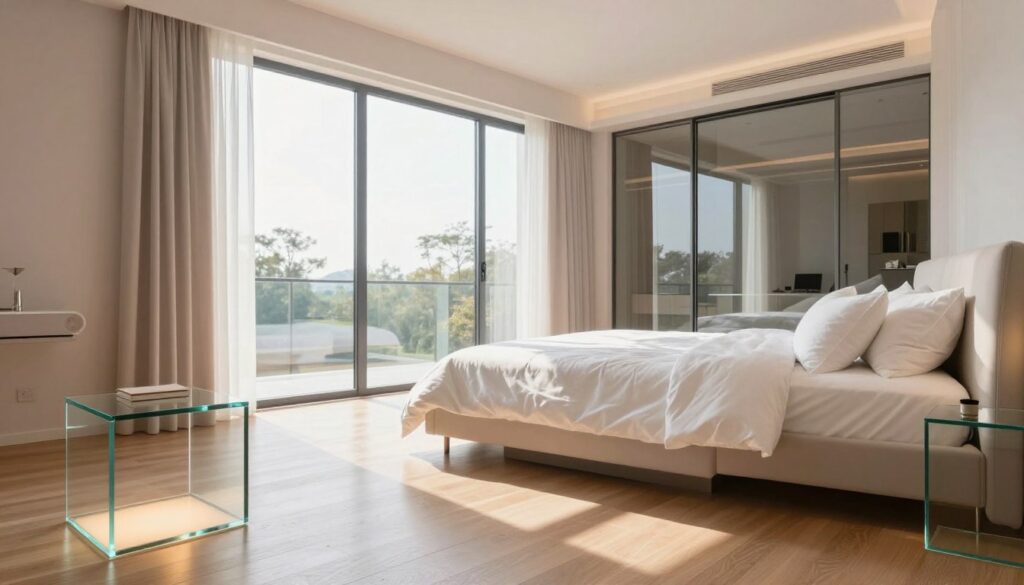 A contemporary bedroom design featuring elegant glass accents that maximize natural light and create a spacious feel. In the foreground, a stylish glass bedside table with a minimalist design, illuminated by soft, warm lighting. The middle of the scene showcases a king-size bed with crisp white linens and plush pillows, positioned near large, floor-to-ceiling windows that invite sunlight, casting gentle reflections on the wooden flooring. The walls are painted in soothing pastel tones and adorned with light, airy curtains that flutter gently. In the background, a stylish glass wardrobe seamlessly integrates into the overall design, enhancing the spaciousness of the room. The atmosphere is serene and inviting, ideal for relaxation and comfort, all captured from a wide-angle perspective to highlight the layout and flow of the space.