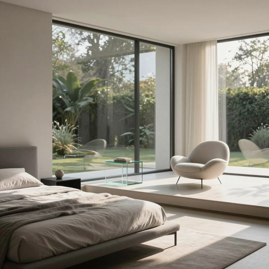 A contemporary bedroom design featuring extensive glass elements that enhance the sense of light and space. In the foreground, a sleek bed with a minimalist headboard sits adjacent to a large window, allowing natural light to fill the room. The middle layer showcases a modern glass nightstand and a chic accent chair, both reflecting a fusion of style and functionality. Soft, muted tones of gray and white dominate the color palette, creating a calm atmosphere. In the background, expansive glass walls blur the boundary between indoor and outdoor spaces, showcasing a serene garden view. The room is bathed in warm sunlight, highlighting the textures of the furnishings and providing a sense of openness. The overall mood is serene and inviting, emphasizing a sleek and airy aesthetic, perfect for a modern lifestyle. A contemporary bedroom design featuring extensive glass elements that enhance the sense of light and space. In the foreground, a sleek bed with a minimalist headboard sits adjacent to a large window, allowing natural light to fill the room. The middle layer showcases a modern glass nightstand and a chic accent chair, both reflecting a fusion of style and functionality. Soft, muted tones of gray and white dominate the color palette, creating a calm atmosphere. In the background, expansive glass walls blur the boundary between indoor and outdoor spaces, showcasing a serene garden view. The room is bathed in warm sunlight, highlighting the textures of the furnishings and providing a sense of openness. The overall mood is serene and inviting, emphasizing a sleek and airy aesthetic, perfect for a modern lifestyle.