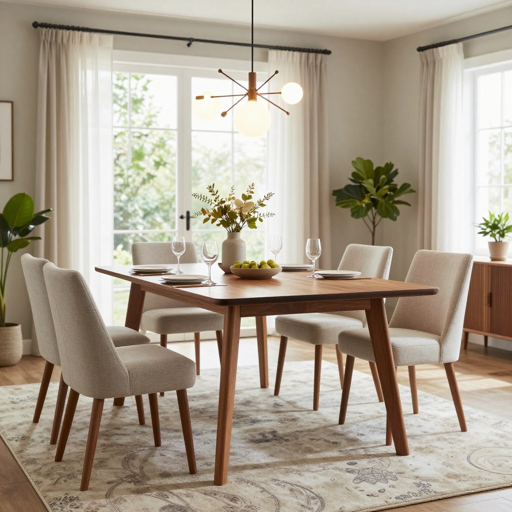 A contemporary dining room showcasing the perfect blend of modern design and cozy elements. In the foreground, a sleek, rectangular wooden dining table with a warm finish, set for four with elegant, minimalist tableware. In the middle ground, stylish upholstered chairs in soft, neutral tones surround the table, complemented by a plush area rug with subtle patterns. The background features large windows allowing natural light to flood in, adorned with sheer curtains. A statement chandelier hangs above the table, casting a warm glow. Greenery in the form of potted plants adds a touch of nature, enhancing the inviting atmosphere of the space. The overall mood is serene and welcoming, ideal for both family gatherings and intimate dinners.
