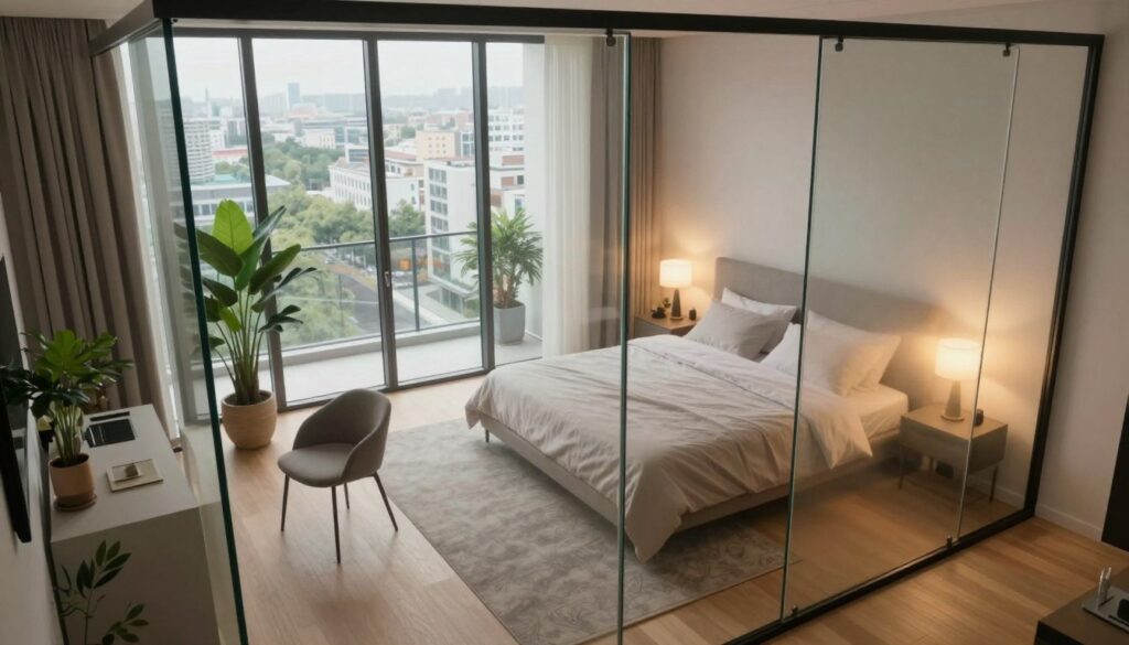 A contemporary glass bedroom designed to maximize light and space, showcasing innovative privacy solutions. In the foreground, a sleek glass partition elegantly separates the sleeping area from a small workspace, adorned with plants and minimalistic decor. The middle ground features a cozy bed with soft linens, framed by frosted glass panels that offer privacy while allowing natural light to filter through. The background showcases large floor-to-ceiling windows with a stunning urban view, enhancing the sense of openness. Warm, ambient lighting accentuates the textures of the glass and soft furnishings, creating a tranquil atmosphere. An aerial angle captures the entire room, emphasizing the harmonious blend of transparency and privacy in a modern design setting.