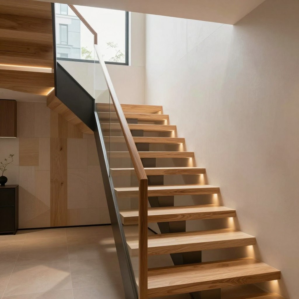 A contemporary interior featuring a modern staircase, showcasing a sleek and minimalist design. In the foreground, a wooden handrail with a polished finish leads up to the next level. The middle section highlights the staircase itself, with wide, open treads made of light-colored wood and elegant steel supports. Surrounding the stairs, warm LED lighting creates a cozy atmosphere, casting soft shadows on the walls. The background displays walls adorned with geometric wall paneling, combining natural wood and subtle textures that enhance the modern aesthetic. A large, airy window allows natural light to fill the space, emphasizing the open design of the stairway. The scene captures a sophisticated and inviting mood, ideal for illustrating the selection process of materials in modern staircase design.