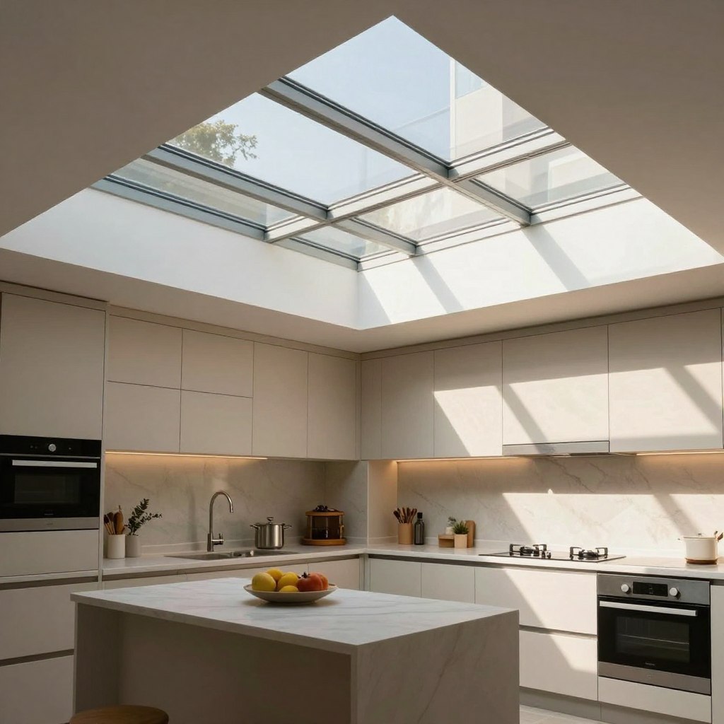 A contemporary kitchen design featuring an innovative skylight concept tailored for windowless spaces. In the foreground, showcase sleek kitchen cabinetry with modern appliances, emphasizing bright and airy features. The middle layer includes an expansive, glass skylight illuminating the room with natural light, casting warm, soft shadows across the counters. In the background, depict subtle greenery or decorative elements that enhance the cozy atmosphere. The lighting should mimic a sunny day, highlighting the functionality of the kitchen while creating an inviting mood. The camera angle should be slightly elevated, capturing the entire kitchen layout, with a focus on the play of light and shadow, showcasing how skylights can transform below-ground kitchens into vibrant cooking spaces.