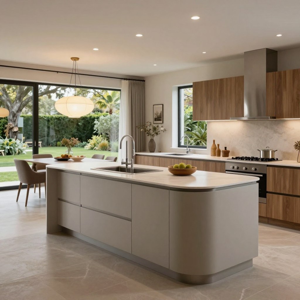 A contemporary kitchen featuring a seamless open layout, showcasing a stylish curved island at the center. The foreground includes sleek, minimalist cabinetry in a soft matte finish, accented with stainless steel fixtures. In the middle ground, a modern dining area with designer chairs complements the kitchen’s aesthetic, with a beautiful pendant light casting warm illumination over the space. The background features large windows framing a lush garden, allowing natural light to flood in. The mood is inviting and sophisticated, with a palette of neutral colors and organic textures, such as wood and stone. The composition is shot from a slightly elevated angle, emphasizing the spaciousness of the kitchen while maintaining a focus on stylish details. The overall atmosphere is one of elegance and timeless design.