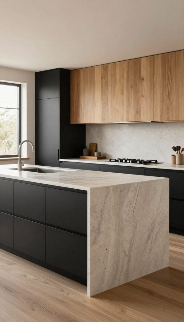 A contemporary kitchen featuring a stunning two-tone design with white oak cabinetry paired with sleek matte black accents. In the foreground, showcase the elegant white oak cabinets with warm, natural grain patterns. The matte black lower cabinets contrast beautifully, their minimalist handles providing a modern touch. The middle section reveals a spacious quartz countertop with a subtle veining, perfectly complementing the cabinetry. A stylish backsplash in a neutral tone enhances the sophistication of the space. In the background, a large window lets in soft, natural light, illuminating the scene and creating a warm, inviting atmosphere. Use a wide-angle perspective to capture the openness and harmony of this modern kitchen design, with soft, diffused lighting to create an inviting and luxurious feel.
