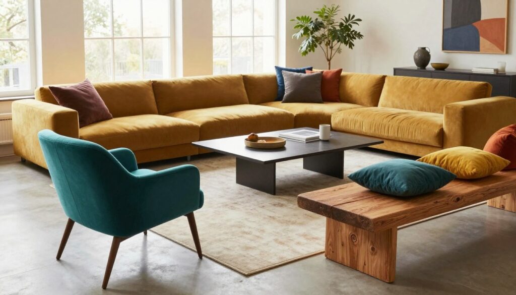 A contemporary living room featuring a creative mix of seating styles, emphasizing color theory to create unity. In the foreground, showcase a sleek mid-century modern chair in vibrant teal next to a rustic wooden bench adorned with colorful cushions. The middle ground presents a plush, oversized sectional couch in a warm mustard hue, complemented by a chic, modern coffee table. In the background, large windows allow natural light to flood the space, enhancing the rich textures and colors. Soft shadows add depth and warmth, creating an inviting atmosphere. Use a wide-angle lens to capture the full scene, ensuring the arrangement feels balanced and visually harmonious. The overall mood is lively yet sophisticated, showcasing innovative design choices that blend various aesthetics seamlessly. A contemporary living room featuring a creative mix of seating styles, emphasizing color theory to create unity. In the foreground, showcase a sleek mid-century modern chair in vibrant teal next to a rustic wooden bench adorned with colorful cushions. The middle ground presents a plush, oversized sectional couch in a warm mustard hue, complemented by a chic, modern coffee table. In the background, large windows allow natural light to flood the space, enhancing the rich textures and colors. Soft shadows add depth and warmth, creating an inviting atmosphere. Use a wide-angle lens to capture the full scene, ensuring the arrangement feels balanced and visually harmonious. The overall mood is lively yet sophisticated, showcasing innovative design choices that blend various aesthetics seamlessly.