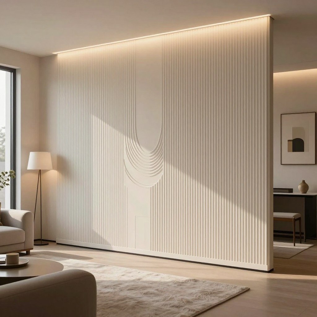 A contemporary living room featuring an elegant 3D wall with linear groove and ridge patterns, creating a sense of depth and sophistication. In the foreground, soft textures like a plush rug and minimalistic furniture enhance the focal point of the wall. The middle ground showcases the striking wall panel, with intricate vertical grooves and gently raised ridges illuminated by warm, diffused lighting that casts soft shadows, emphasizing the texture. The background consists of a minimalist decor with neutral tones, framed artwork, and a stylish floor lamp. The atmosphere is tranquil yet upscale, perfect for a modern living space. Capture this scene from a slight angle to highlight the patterns, using a wide lens for depth of field, with natural light spilling through a nearby window to create a serene mood.