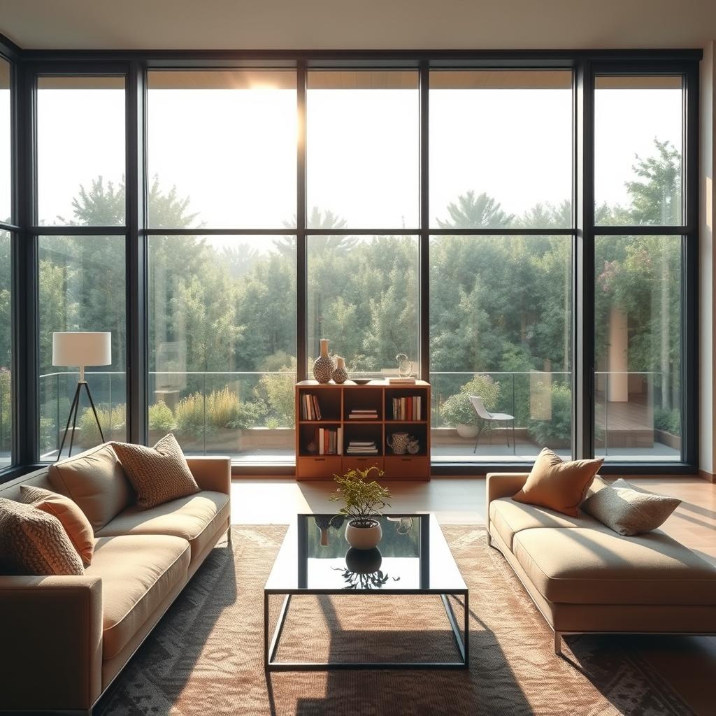 A contemporary living room featuring large floor-to-ceiling windows that allow soft, diffused natural light to flood the space. The foreground showcases a stylish sectional sofa adorned with textured cushions in warm earth tones. A sleek coffee table sits atop an elegant area rug, with a small potted plant adding a touch of greenery. In the middle ground, a minimalist bookshelf displays a curated selection of books and decorative items, strategically placed to avoid glare from the sunlight streaming through the windows. The background reveals serene outdoor views of lush greenery, enhancing the feeling of openness. Warm, inviting lighting complements the soft shadows cast by the window frames, creating a tranquil atmosphere perfect for relaxation. The overall mood is calm and harmonious, reflecting a successful integration of large windows in interior design.
