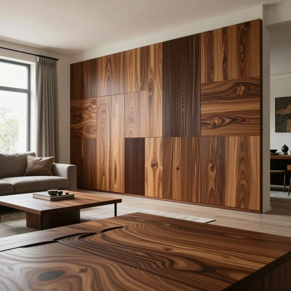 A contemporary living room featuring striking 3D wood panels, layered in various textures and shades, creating a dynamic focal point. In the foreground, a close-up view showcases intricate wood grain patterns and relief designs that catch the eye. The middle ground reveals a stylish sofa and decorative elements, harmonizing with the rich, warm tones of the wood. The background consists of soft, diffused natural light streaming through large windows, enhancing the inviting atmosphere. Capture this scene with a wide-angle lens to emphasize depth, and use soft shadows to create a cozy yet modern ambiance. The overall mood should reflect sophistication and contemporary flair, making the wood paneling the star of the space.