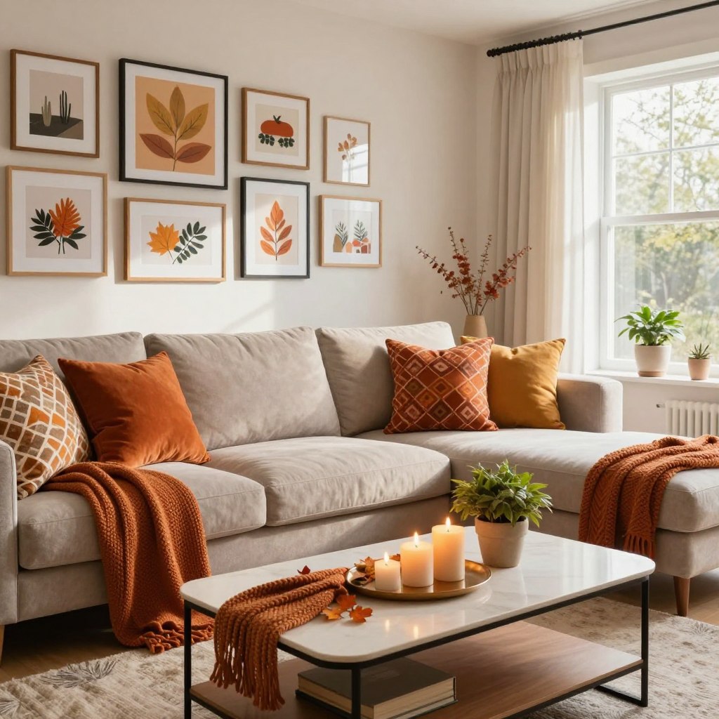 A contemporary living room showcasing seasonal home decor trends for 2026. In the foreground, a stylish coffee table adorned with seasonal decorations, including warm-toned candles, a small potted plant, and a cozy knitted throw. The middle of the room features a plush lounge sofa with vibrant, patterned cushions, emphasizing autumn hues. A tasteful gallery wall filled with framed seasonal art pieces provides visual interest. In the background, a window reveals a sunny day, with soft natural light spilling into the space, accentuating the room's inviting atmosphere. The scene conveys a sense of comfort and modern elegance, framed in a warm, inviting color palette. The overall mood is cheerful and welcoming, ideal for celebrating the changing seasons. A contemporary living room showcasing seasonal home decor trends for 2026. In the foreground, a stylish coffee table adorned with seasonal decorations, including warm-toned candles, a small potted plant, and a cozy knitted throw. The middle of the room features a plush lounge sofa with vibrant, patterned cushions, emphasizing autumn hues. A tasteful gallery wall filled with framed seasonal art pieces provides visual interest. In the background, a window reveals a sunny day, with soft natural light spilling into the space, accentuating the room's inviting atmosphere. The scene conveys a sense of comfort and modern elegance, framed in a warm, inviting color palette. The overall mood is cheerful and welcoming, ideal for celebrating the changing seasons.