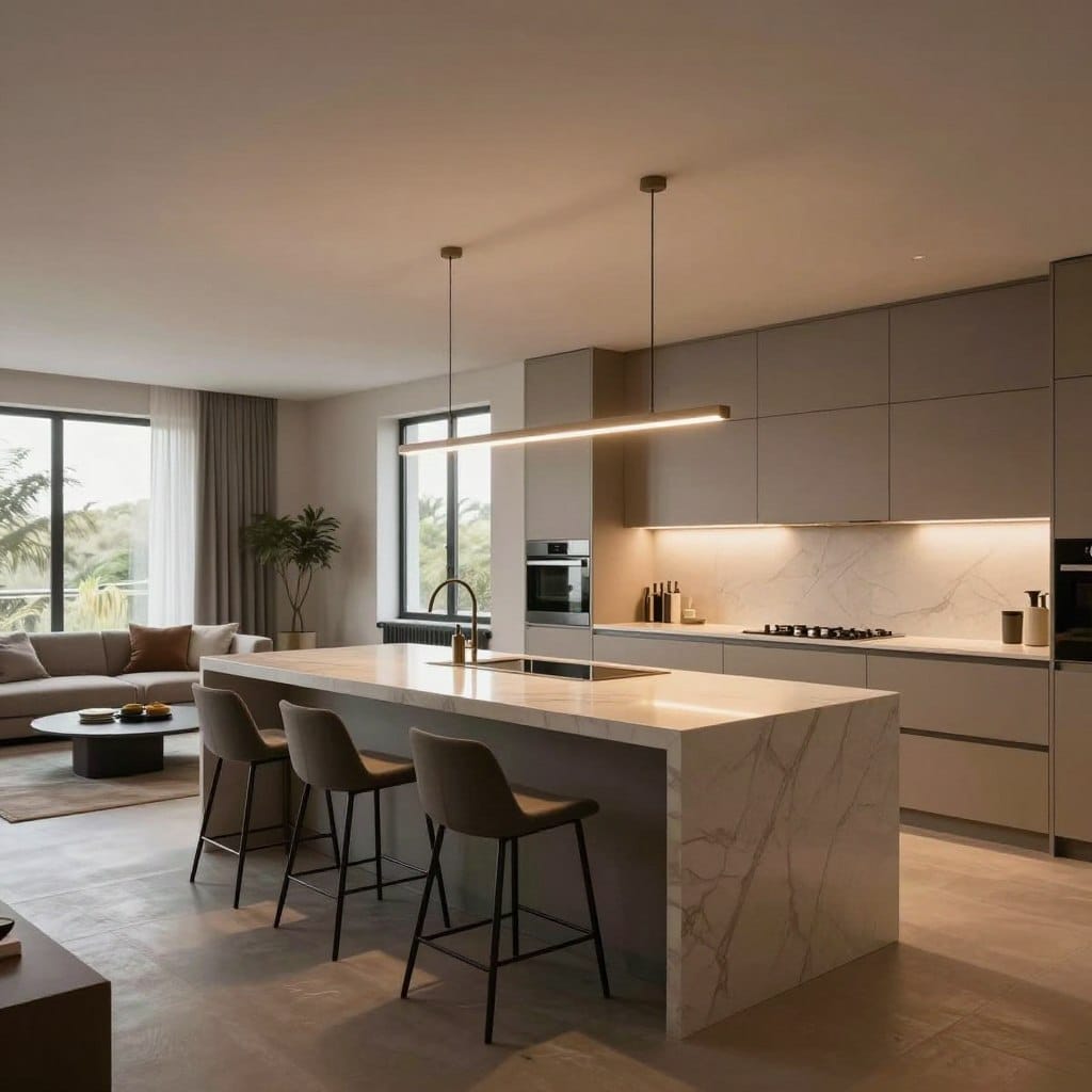 A contemporary multi level kitchen island design integrated into an open space living room. In the foreground, the multi-level island features a sleek countertop with contrasting textures, equipped with modern bar stools and subtle pendant lighting above. In the middle, the spacious kitchen area showcases high-end appliances and minimalist cabinetry, set against a backdrop of large windows that let in natural light, creating a warm and inviting atmosphere. The living room area displays a cozy sofa and stylish coffee table, all harmoniously blending with the kitchen space. The scene is captured with a wide-angle lens to emphasize the openness and flow of the space, illuminated with soft, ambient lighting for a serene and elegant mood. No captions or text overlays are included, ensuring a clean focus on the interior design.