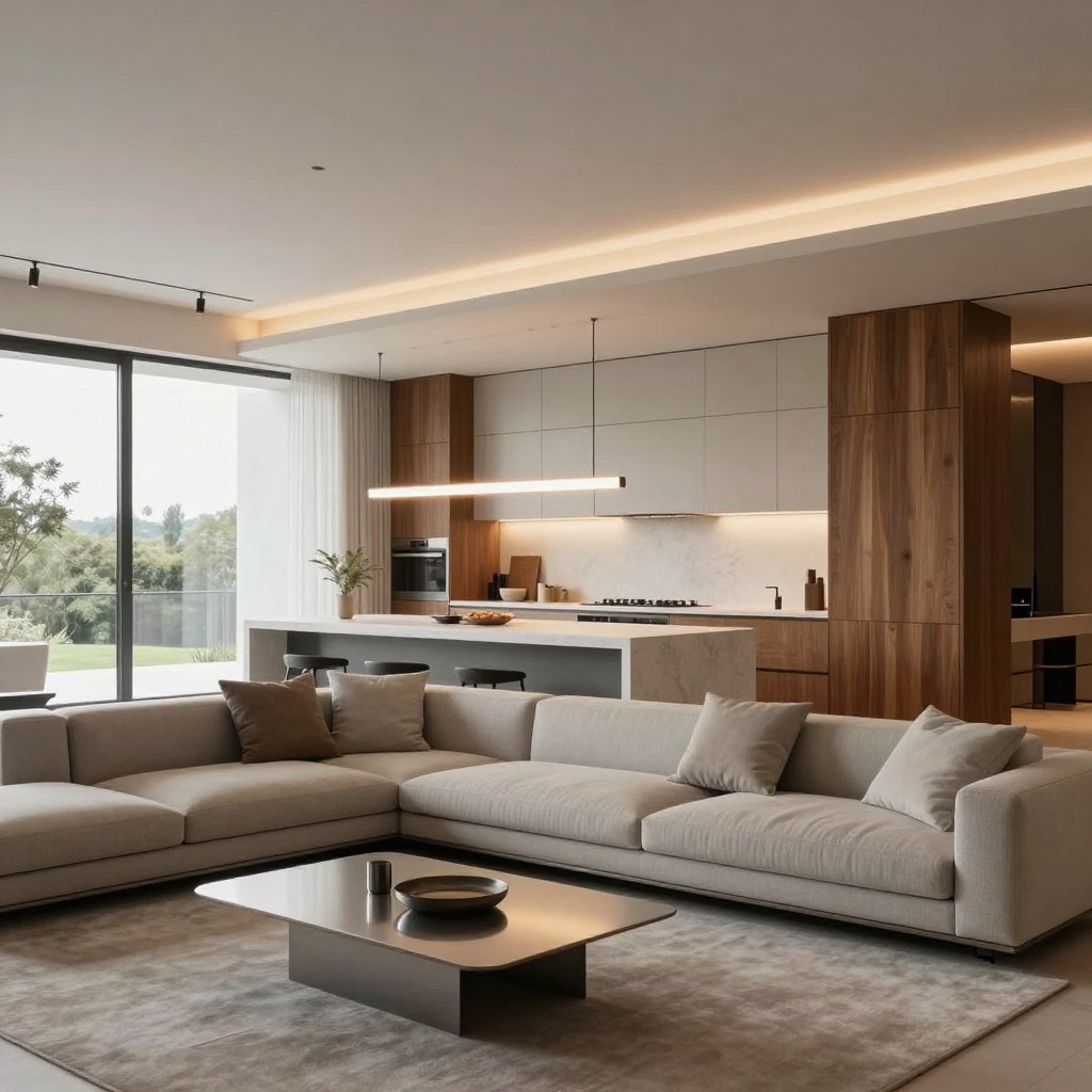 A contemporary open floor plan living space featuring layered lighting that enhances minimalist luxury. In the foreground, a sleek, low-profile sofa with neutral-toned cushions invites comfort, accented by a metal coffee table. The middle ground showcases a spacious open kitchen with a large island, elegant light fixtures casting soft illumination. In the background, expansive windows reveal a serene outdoor view, allowing natural light to flow in and blend with the ambient indoor lighting. The atmosphere is warm and inviting, with a blend of functional track lighting and stylish pendant lights creating depth and visual interest. The color palette consists of soft whites, warm grays, and rich wood accents, all harmoniously combined to emphasize simplicity and elegance. Capture this exquisite blend of design and mood, using a bright, airy lens angle to highlight the architectural details and inviting space.