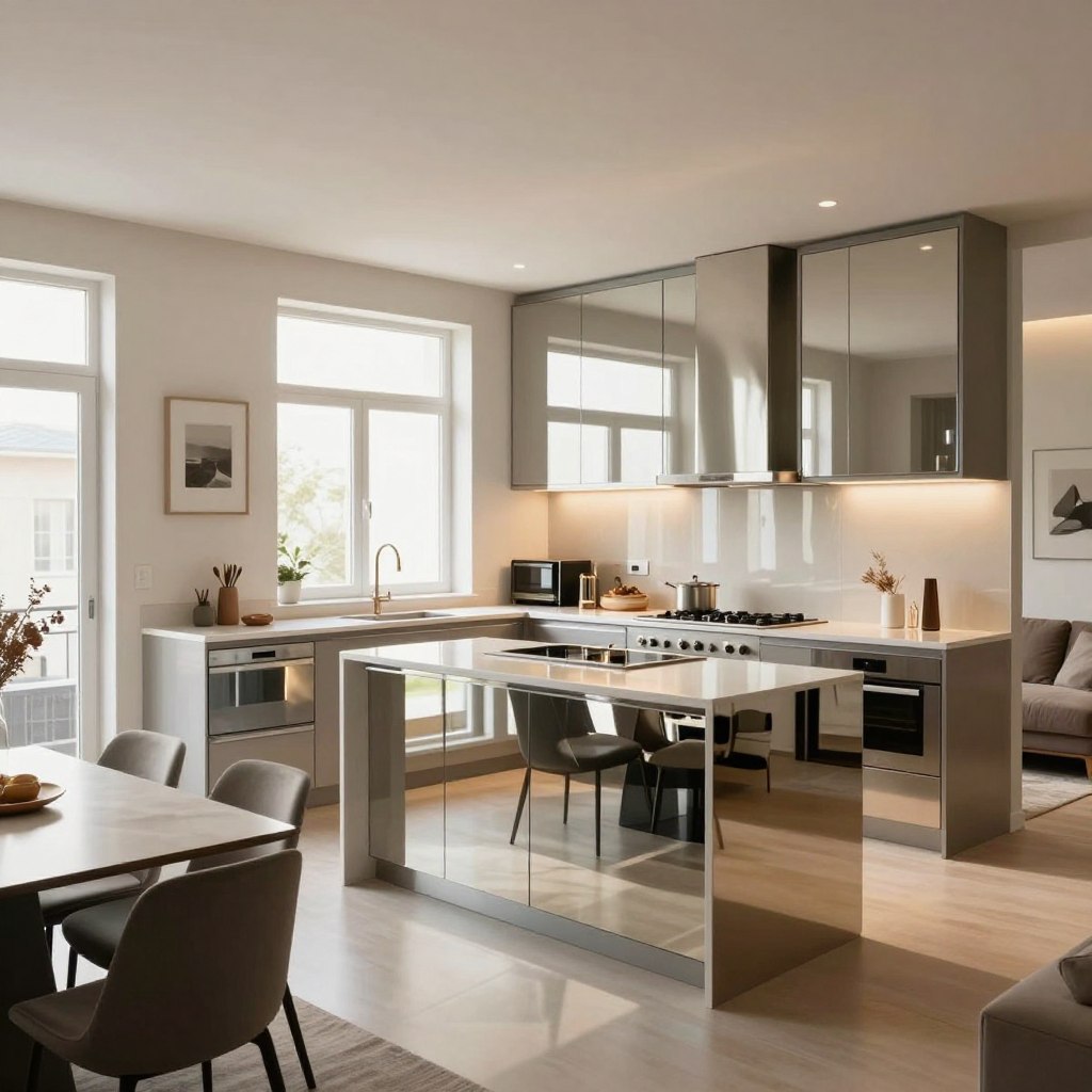 A contemporary open plan kitchen and living room designed for small spaces, featuring cleverly integrated reflective surfaces like glossy cabinetry and a modern island with a mirrored finish. In the foreground, a stylish dining area with sleek furniture, enhancing the spacious feel. The middle of the image showcases an elegant kitchen layout with stainless steel appliances and ample natural light streaming in through large, unobstructed windows. The background reveals a cozy living area with light-colored walls and minimalist decor. Soft, ambient lighting casts gentle reflections, creating a warm and inviting atmosphere. The scene is captured from a slightly elevated angle, emphasizing the flow between the kitchen and living room while maintaining a seamless aesthetic. A contemporary open plan kitchen and living room designed for small spaces, featuring cleverly integrated reflective surfaces like glossy cabinetry and a modern island with a mirrored finish. In the foreground, a stylish dining area with sleek furniture, enhancing the spacious feel. The middle of the image showcases an elegant kitchen layout with stainless steel appliances and ample natural light streaming in through large, unobstructed windows. The background reveals a cozy living area with light-colored walls and minimalist decor. Soft, ambient lighting casts gentle reflections, creating a warm and inviting atmosphere. The scene is captured from a slightly elevated angle, emphasizing the flow between the kitchen and living room while maintaining a seamless aesthetic.