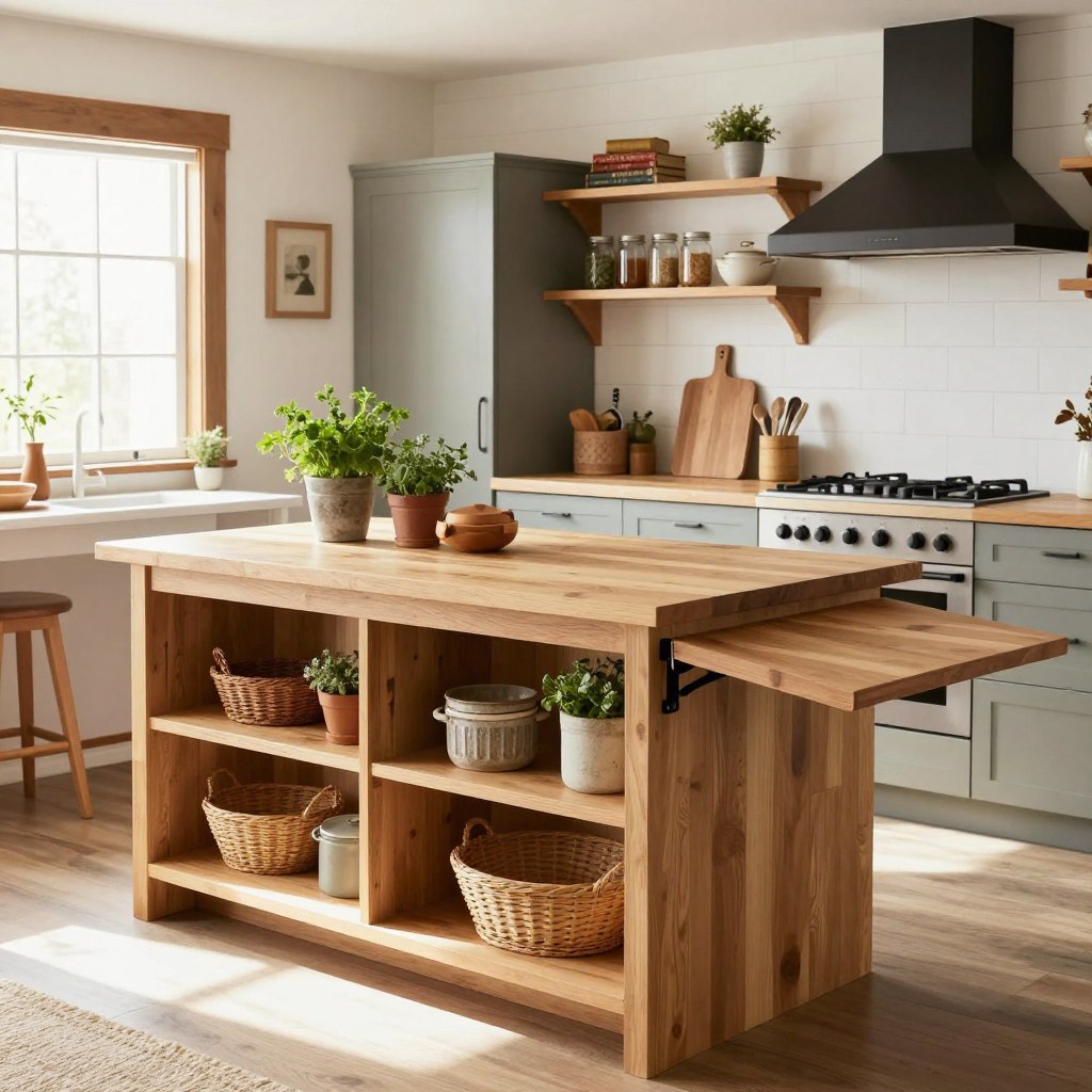 A contemporary, space-saving kitchen island designed for small farmhouse kitchens. In the foreground, showcase a sleek, multi-functional island with a light oak finish, featuring built-in shelves and a drop-leaf extension. On the countertop, display fresh herbs in rustic containers and small kitchen gadgets. The middle ground reveals a charming, compact kitchen packed with essential storage solutions, such as open shelving with mason jars and vintage cookbooks. The background features a cozy, well-lit room with warm, natural light streaming through a nearby window, highlighting the white shiplap walls and dark wood accents. The atmosphere should feel inviting and practical, with an emphasis on clever organization and efficient use of space. Capture the image from a slightly elevated angle to provide a comprehensive view of the kitchen's layout. A contemporary, space-saving kitchen island designed for small farmhouse kitchens. In the foreground, showcase a sleek, multi-functional island with a light oak finish, featuring built-in shelves and a drop-leaf extension. On the countertop, display fresh herbs in rustic containers and small kitchen gadgets. The middle ground reveals a charming, compact kitchen packed with essential storage solutions, such as open shelving with mason jars and vintage cookbooks. The background features a cozy, well-lit room with warm, natural light streaming through a nearby window, highlighting the white shiplap walls and dark wood accents. The atmosphere should feel inviting and practical, with an emphasis on clever organization and efficient use of space. Capture the image from a slightly elevated angle to provide a comprehensive view of the kitchen's layout.