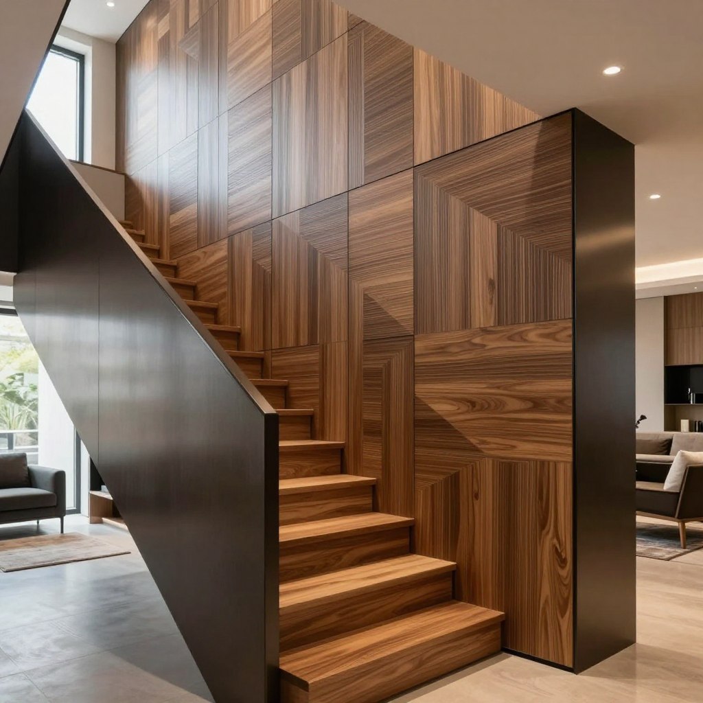 A contemporary stair wall design featuring sleek, modern materials such as textured wood panels and brushed metal accents. In the foreground, a polished wooden staircase with a minimalist railing leads up to a visually striking wall. The middle section showcases the wall's intricate patterns, illuminated by soft, ambient lighting that highlights the textures. The background is a stylish, modern living space with large windows letting in natural light, casting gentle shadows across the scene. The overall atmosphere is inviting and elegant, reflecting a seamless blend of functionality and aesthetic appeal. The camera angle is slightly elevated, capturing the depth and ascent of the staircase while focusing on the wall's unique design elements.