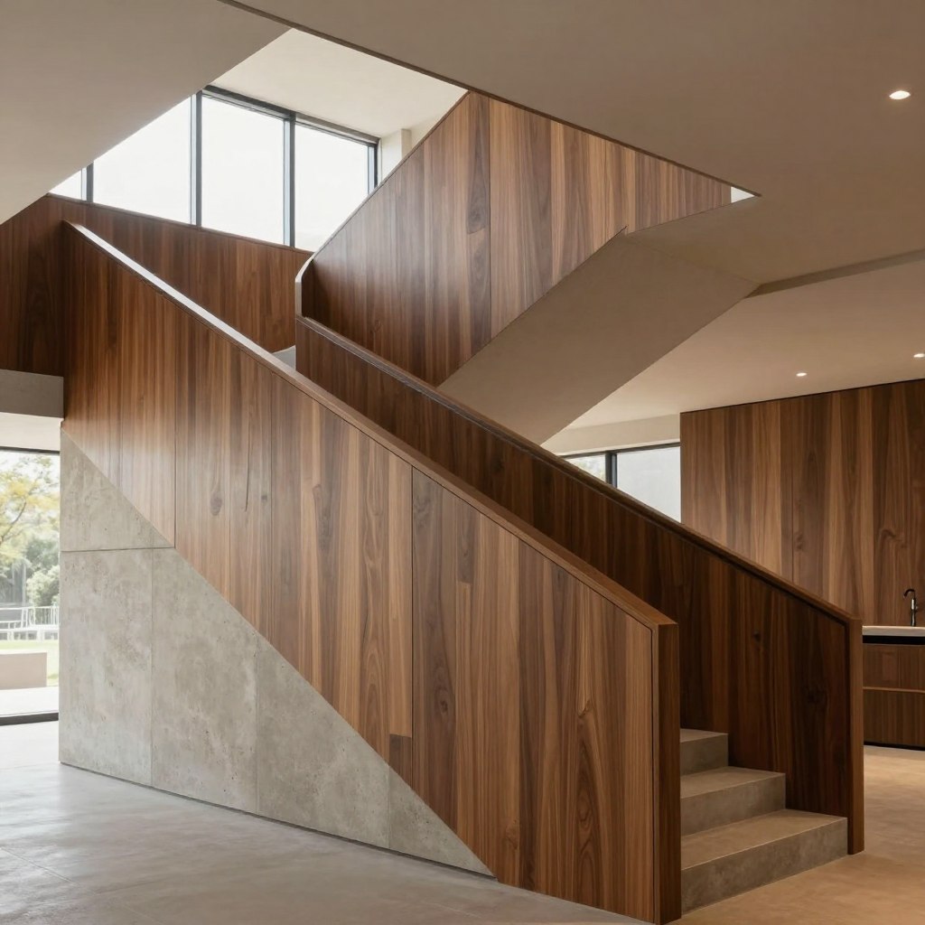 A contemporary staircase wall design featuring a sleek, minimalist aesthetic. In the foreground, there are modern wall panels made from a combination of rich walnut wood and textured concrete, seamlessly integrated. The middle ground showcases a gently curving staircase with elegant metal railings, emphasizing the sophistication of the space. In the background, large windows allow natural light to pour in, creating soft shadows that highlight the materials' rich textures. The scene is captured with a wide-angle lens, emphasizing depth and inviting the viewer's eye along the staircase. The overall mood is warm and inviting, showcasing a blend of modern design elements that reflect contemporary architecture and craftsmanship.