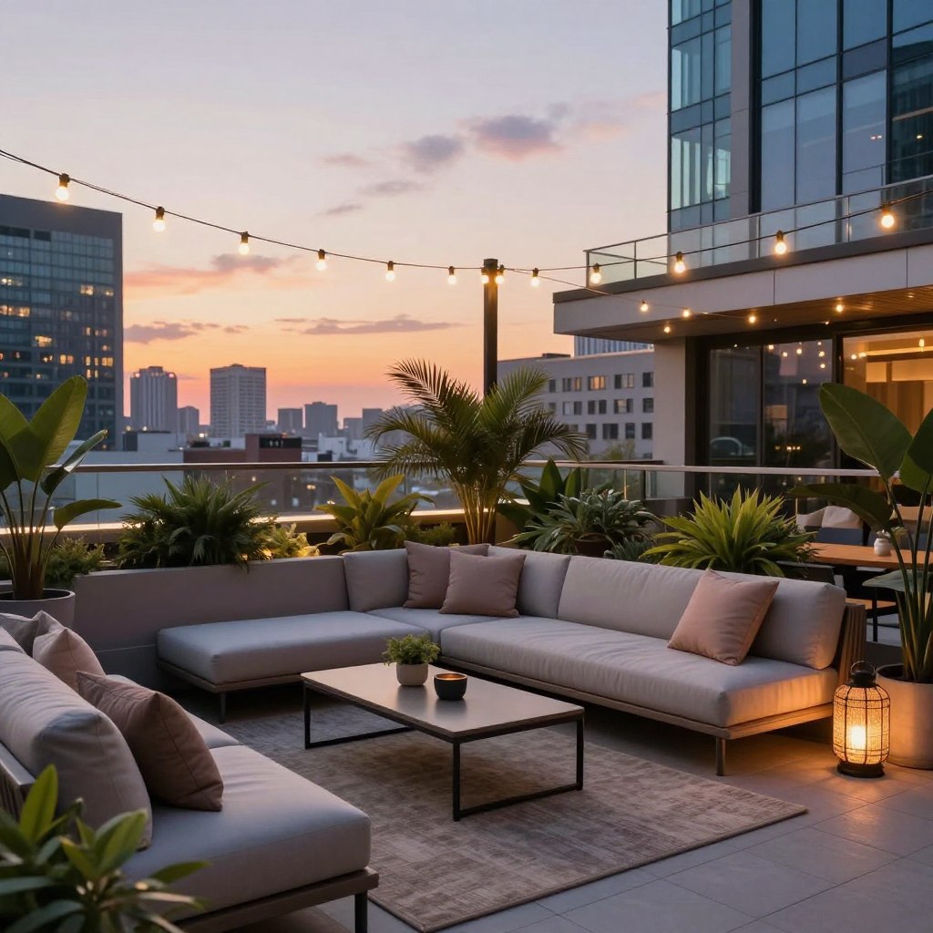 A contemporary urban rooftop terrace designed for relaxation and social gatherings, featuring stylish outdoor furniture like a modular sofa, a sleek coffee table, and lush potted plants. In the foreground, a cozy seating area with soft cushions and an outdoor rug, creating an inviting atmosphere. The middle layer includes decorative lanterns and string lights overhead, casting a warm glow. In the background, a city skyline at sunset, with colorful skies reflecting off modern buildings. The scene captures a serene oasis in the heart of the city, emphasizing a peaceful escape from urban life. Use soft, golden-hour lighting to enhance the mood, and an eye-level perspective to create intimacy. The overall vibe should be chic, comfortable, and welcoming for gatherings.