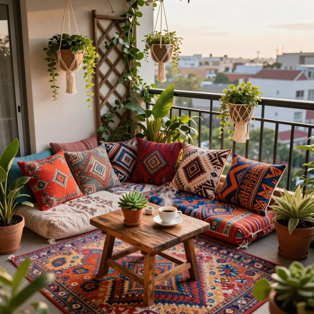 A cozy Bohemian small balcony makeover filled with layered textiles and vibrant plants. In the foreground, a plush, colorful patterned rug sits under a rustic wooden table adorned with potted succulents and a steaming cup of coffee. The middle features a comfortable seating area with oversized cushions in various textures and bold prints, surrounded by hanging macramé planters with cascading greenery. A decorative trellis is adorned with climbing vines, adding depth to the space. The background highlights a cityscape view under soft golden hour lighting, casting a warm, inviting glow. The atmosphere is relaxed and inviting, perfect for enjoying the tranquil retreat amidst urban surroundings, captured with a slightly elevated angle to emphasize the layered details and depth.