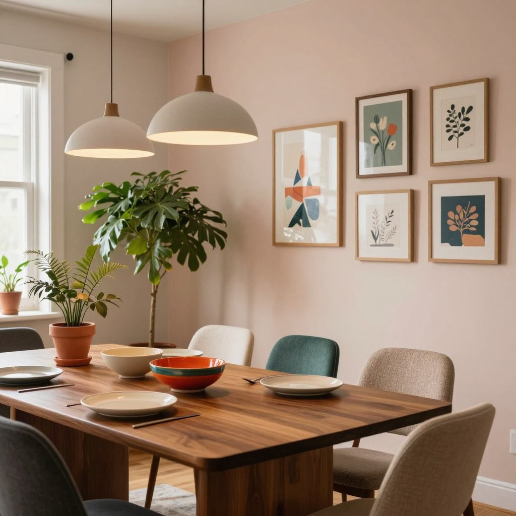 A cozy and artistic dining room that blends modern design with creative expression. In the foreground, a sleek, dark wooden dining table is set with minimalist plates and vibrant, hand-painted ceramic bowls. Inspired lighting fixtures, like sculptural pendant lights, hang overhead, casting a warm glow. A lush, green plant in a terracotta pot sits in one corner, adding life. In the middle, stylish mismatched chairs surround the table, featuring textured fabrics and unique designs. The background showcases a wall painted in a soft pastel color, adorned with eclectic art pieces and framed illustrations, enhancing the creative vibe. The mood is warm and inviting, encouraging connection and conversation, captured from a slightly elevated angle to emphasize the dining arrangement. The lighting is soft, with a touch of sunlight streaming through a window, creating a serene atmosphere.