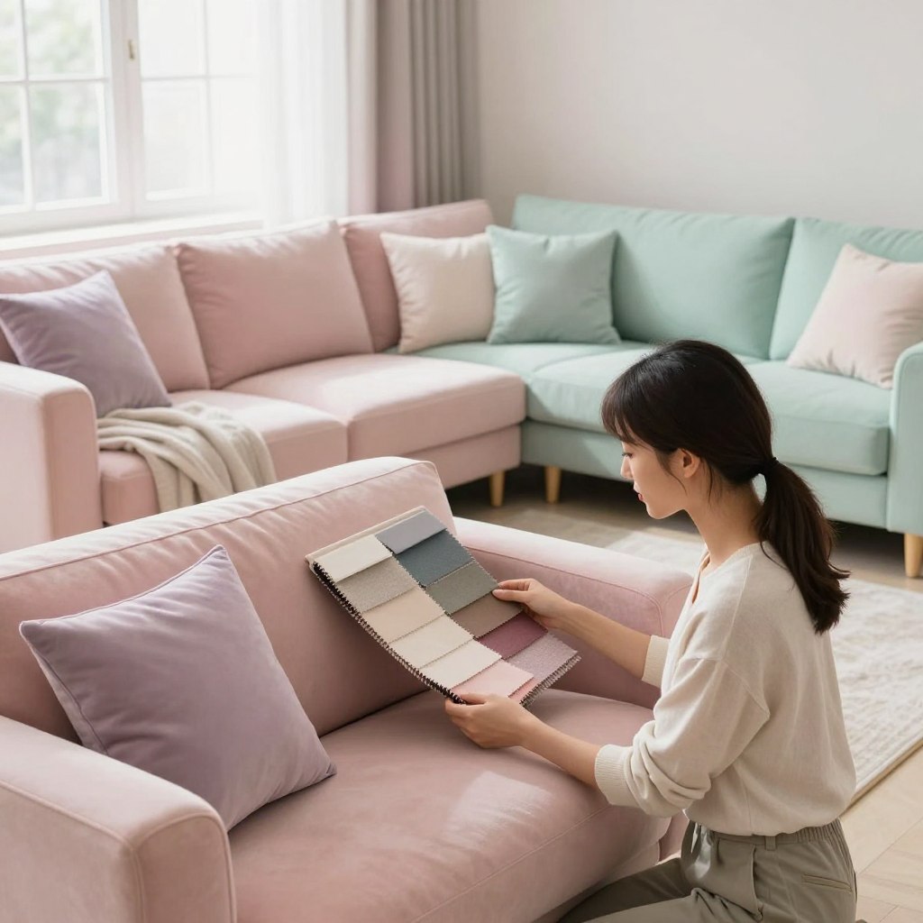 A cozy and beautifully styled living room showcasing a selection of pastel couches in a variety of soft hues, including blush pink, mint green, and light lavender. In the foreground, a stylish, modestly dressed interior designer thoughtfully examines fabric swatches, holding them up against the couches to find the perfect match. The middle layer features the pastel sofas arranged in a charming, inviting layout, complemented by plush throw pillows and light, airy blankets. The background presents a bright, sunlit window with sheer curtains, illuminating the space and enhancing the serene aesthetic. The atmosphere is calm and harmonious, emphasizing the joy of selecting the ideal couch hue for a soft, modern interior. The scene is captured in soft-focused lighting, with a wide-angle lens to create a sense of depth and openness.